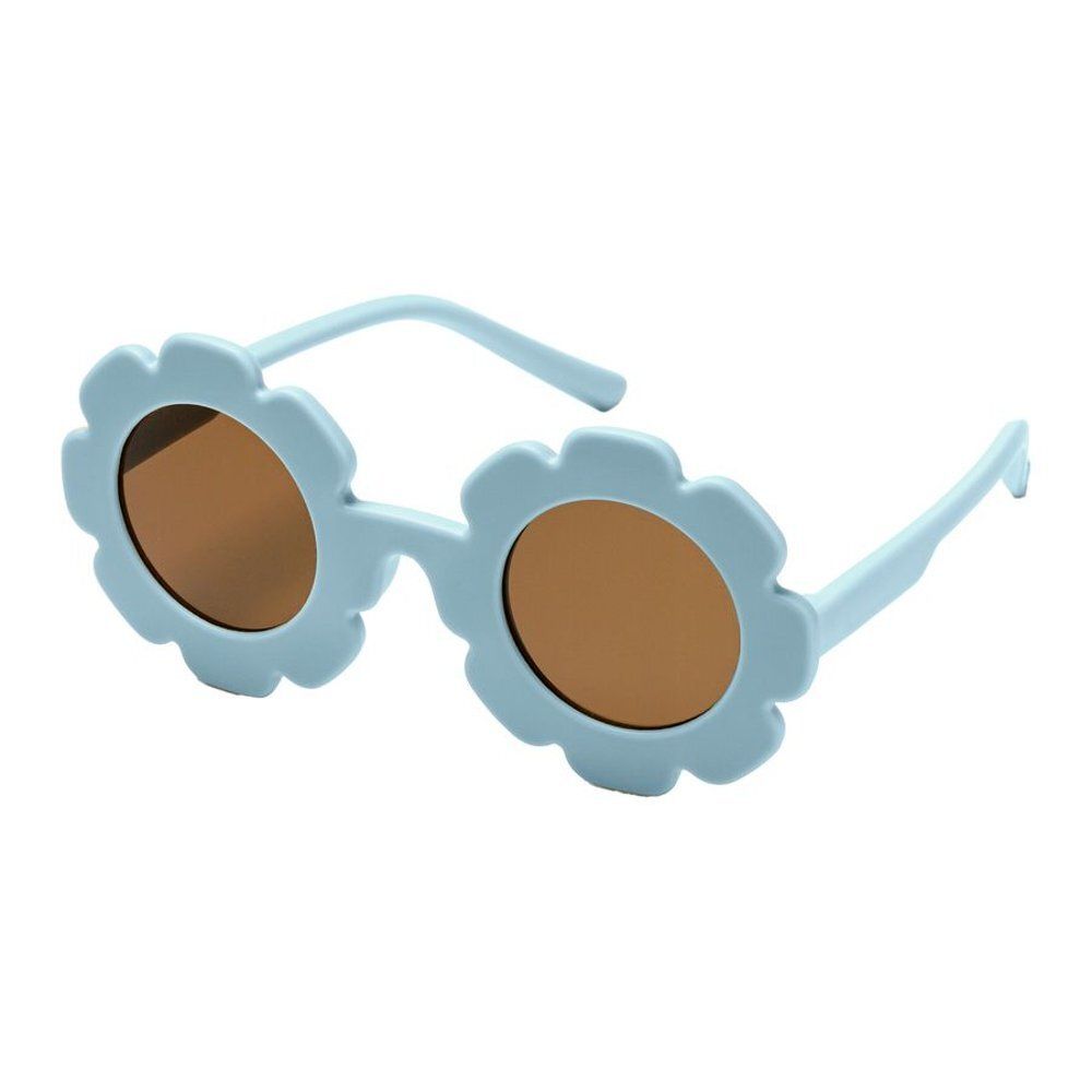Lunettes de soleil bleues claires pour enfants. Verres ronds avec monture en forme de fleur. Verres bruns. Branches et monture bleu clair.