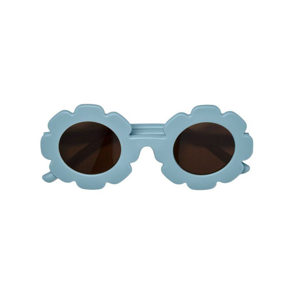 Lunettes de soleil bleues claires pour enfants. Verres ronds avec monture en forme de fleur. Verres bruns. Vue de face.