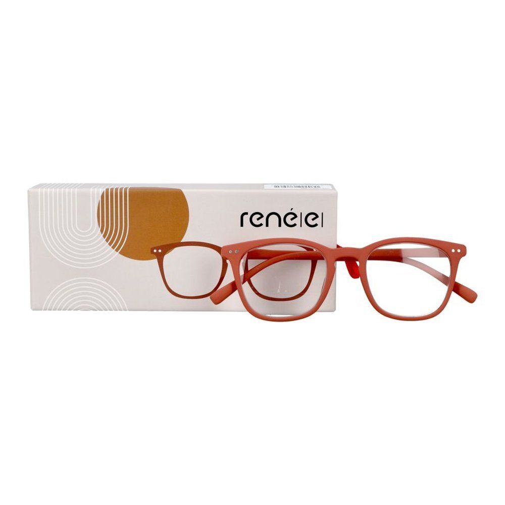 Lunettes de lecture rouges à monture rectangulaire avec emballage.