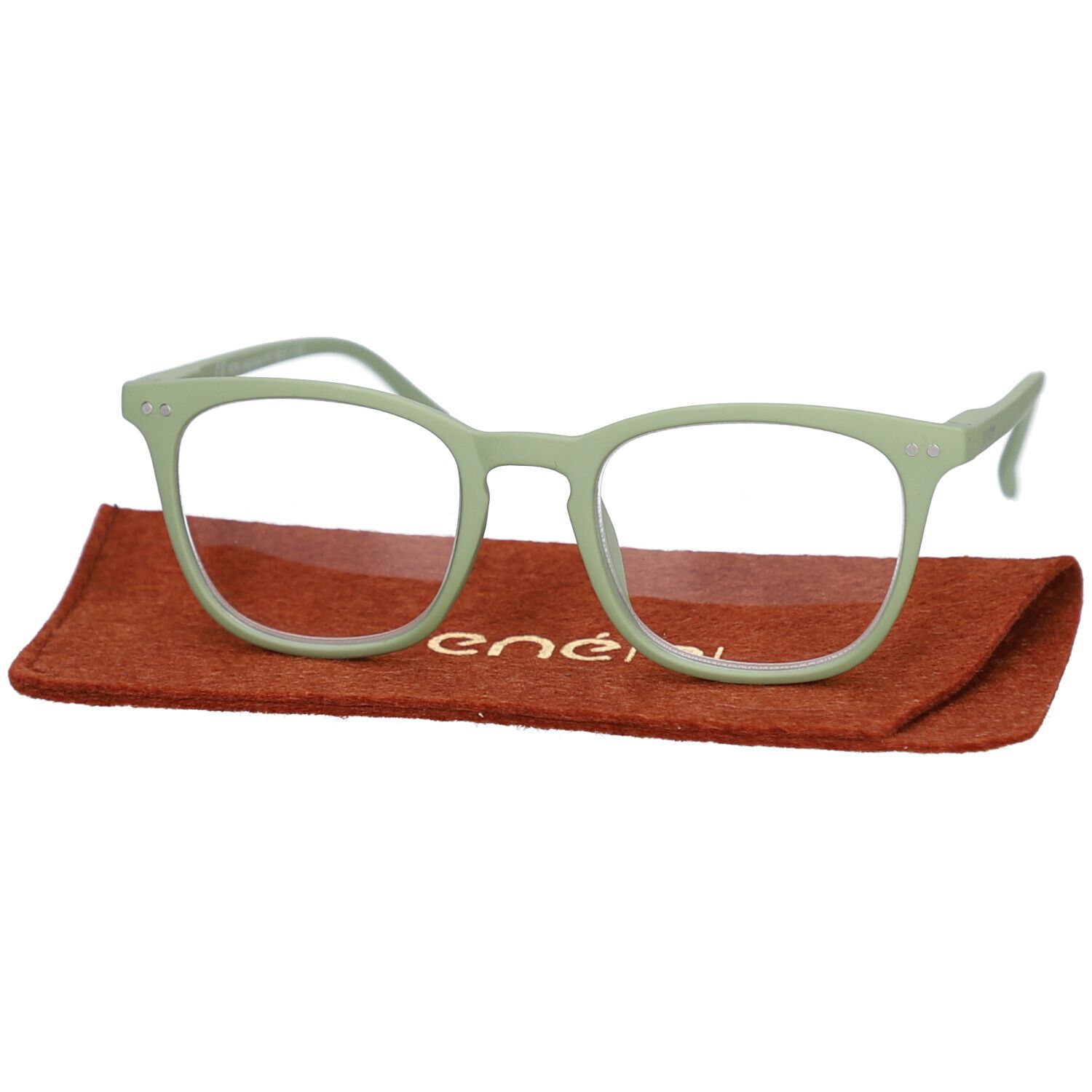 Lunettes vertes avec verres ronds et étui. "rené(e)" est inscrit sur l'étui.