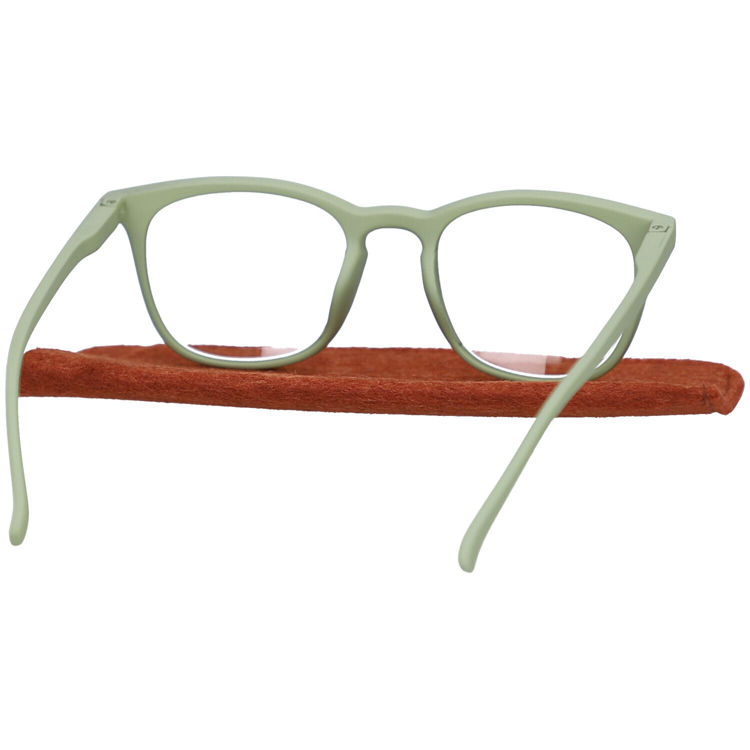 Lunettes vertes avec verres ronds et étui. Les branches des lunettes sont ouvertes.