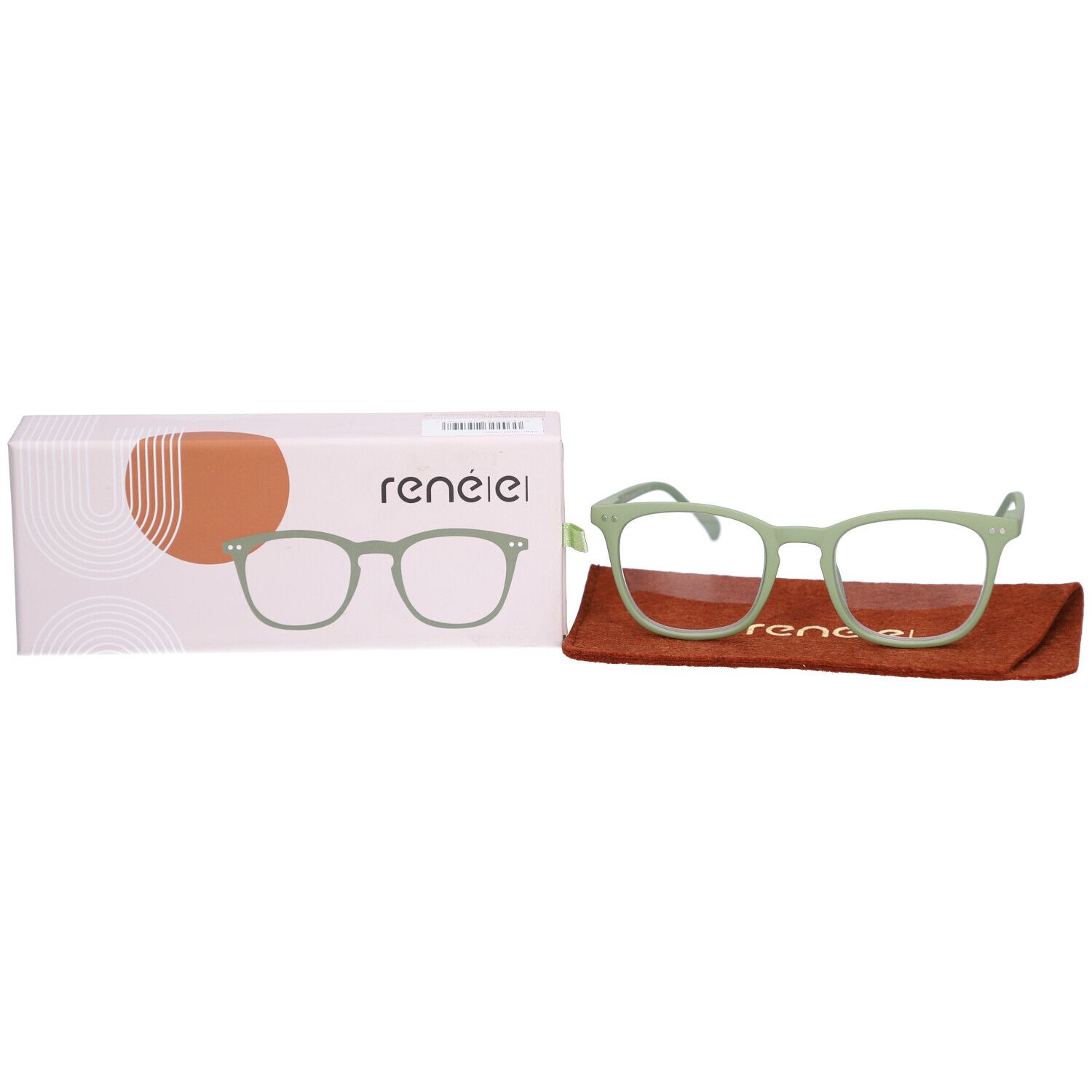 Lunettes vertes avec étui et emballage. "rené(e)" est écrit sur l'emballage.