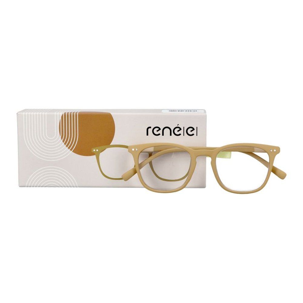 Lunettes de lecture beiges à monture rectangulaire et emballage.