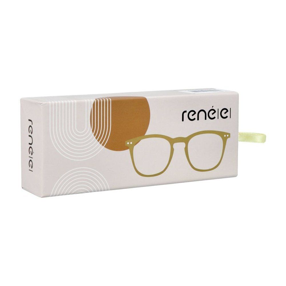 Lunettes de lecture beiges à monture rectangulaire.