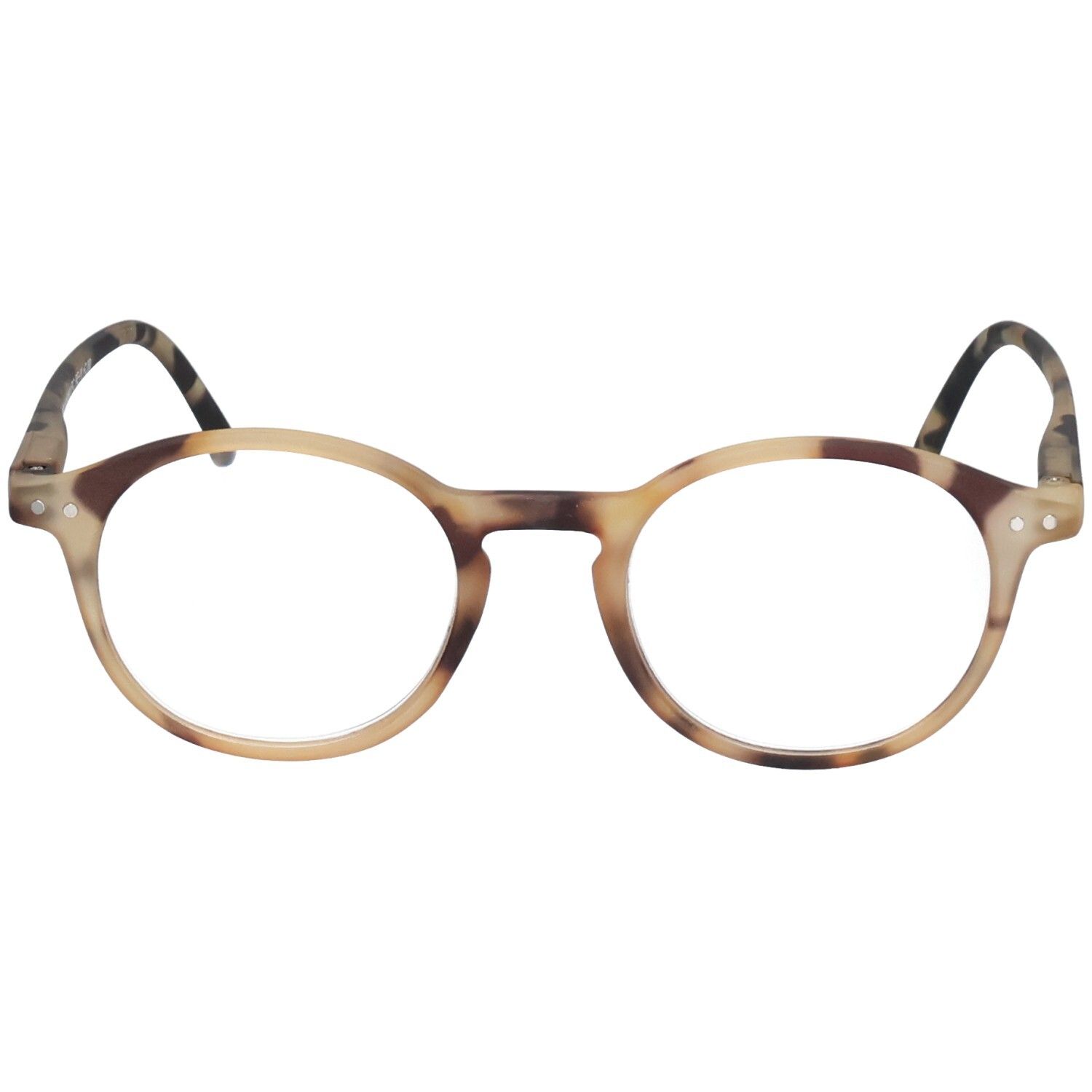 Lunettes rondes motif écaille de tortue marron et beige. Monture et branches en plastique. Verres transparents.