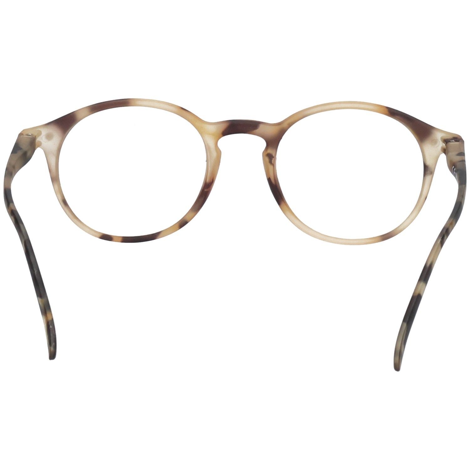 Lunettes rondes motif écaille de tortue marron et beige. Branches déployées. Verres transparents.