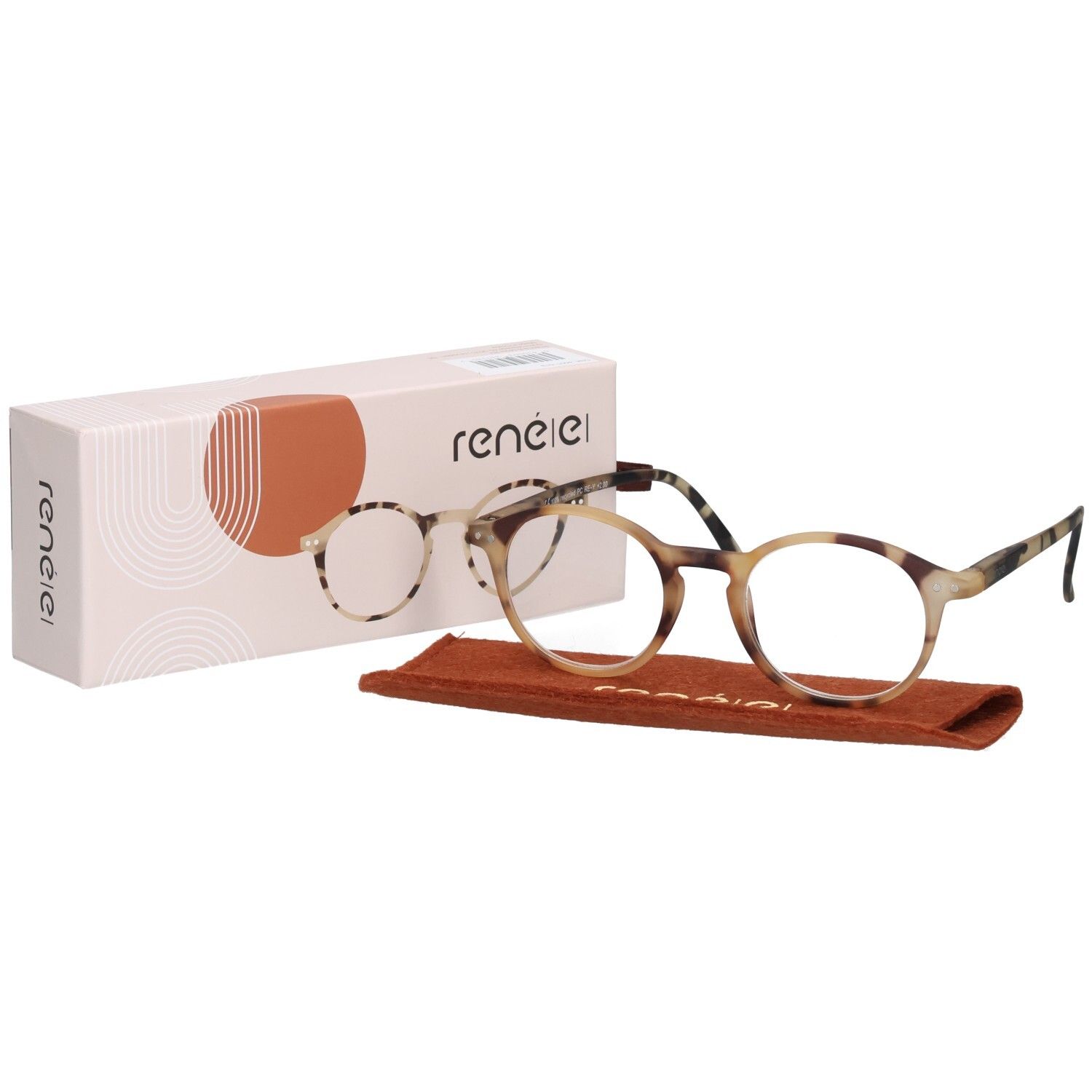 Lunettes, étui et emballage. Lunettes : rondes, motif écaille. Étui : marron. Emballage : rose, marque René(e).