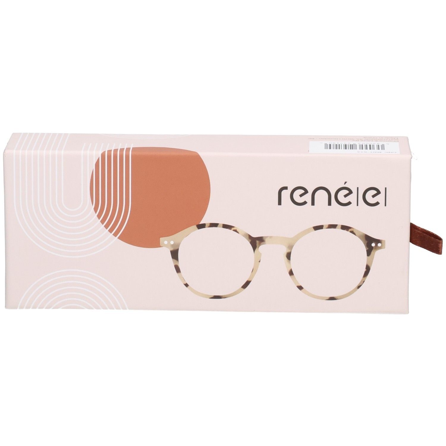 Emballage rose avec illustration de lunettes. Marque René(e) et logo. Forme rectangulaire.