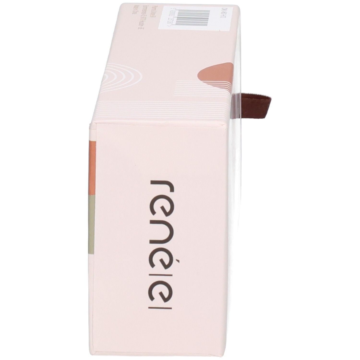 Emballage rose, rectangulaire. Marque René(e) sur le devant. Fermeture à ruban marron.