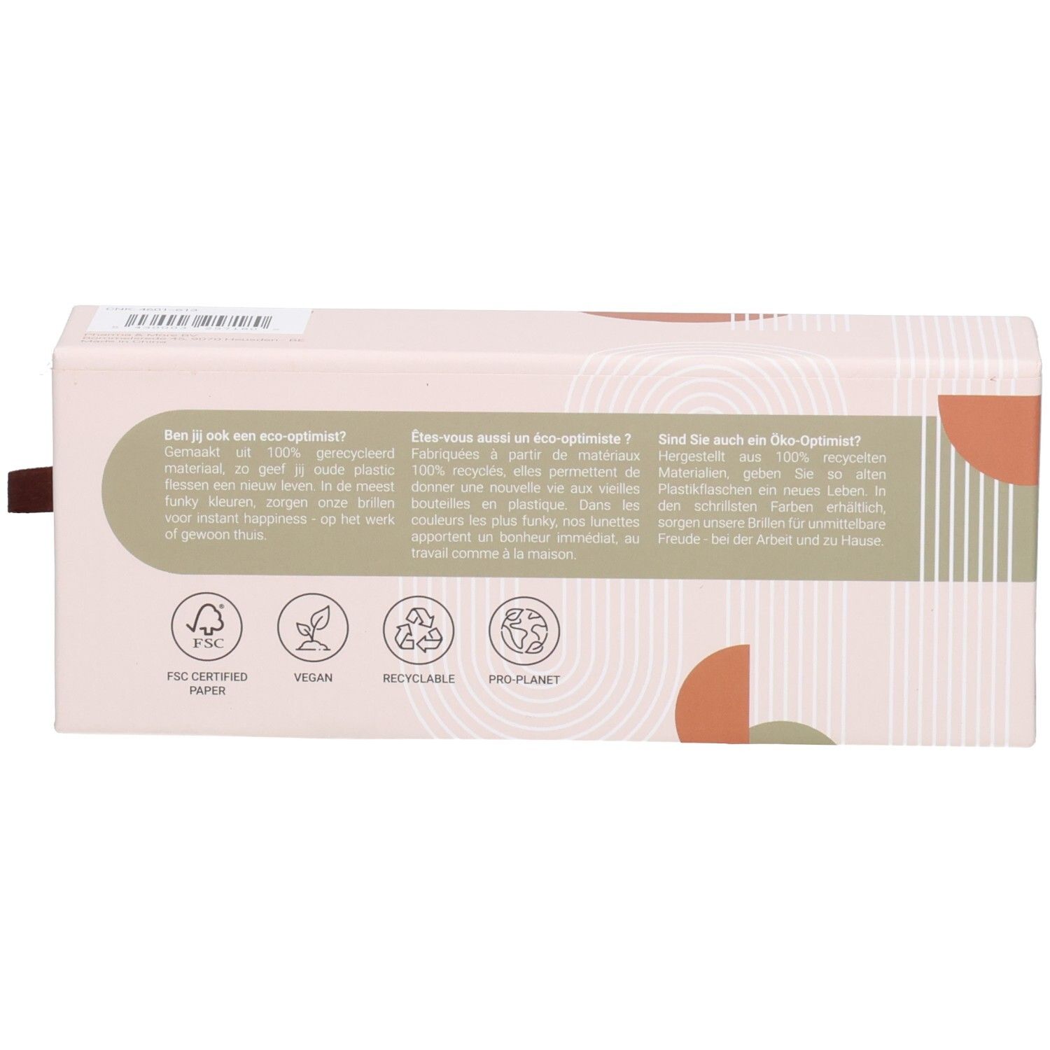 Dos de l'emballage. Texte en allemand, français, néerlandais. Certification FSC, vegan, recyclable.