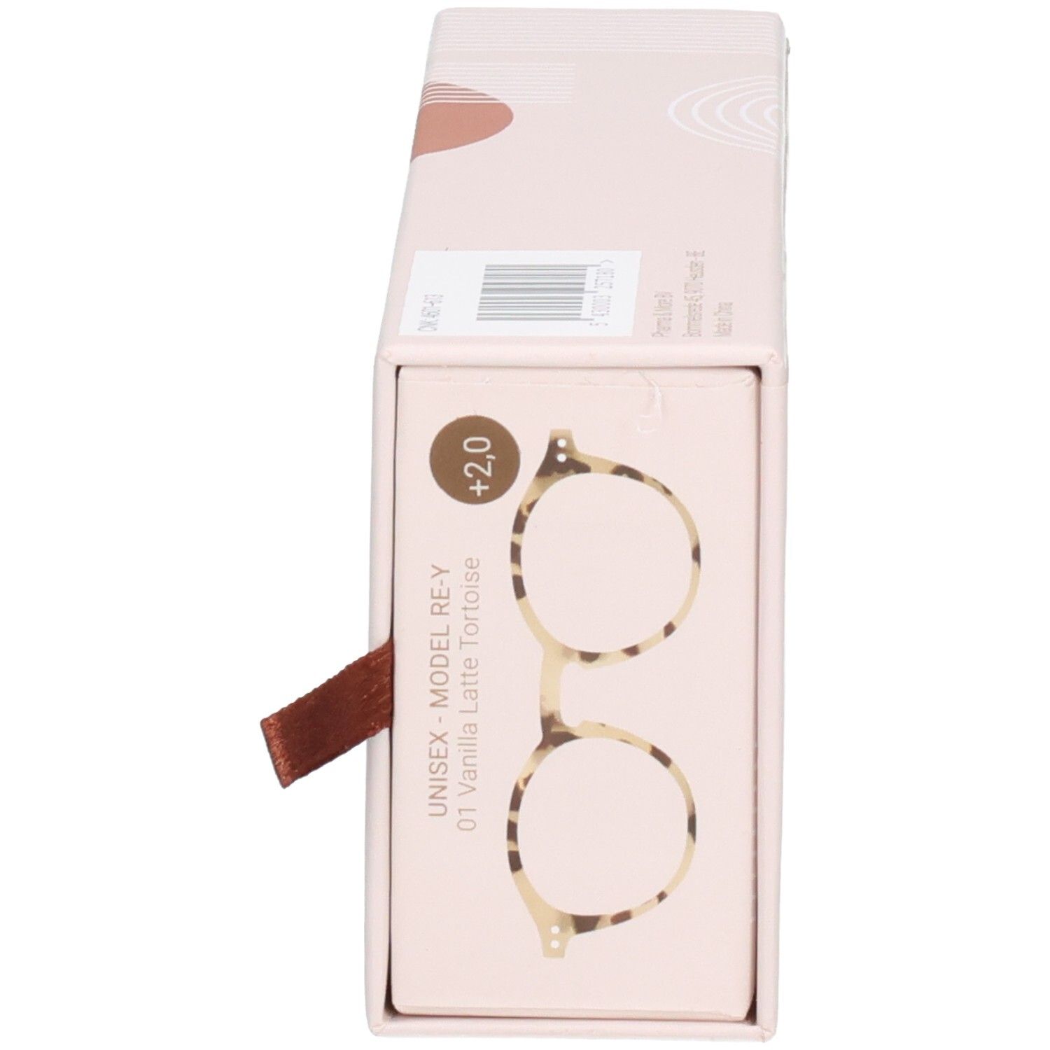 Emballage, vue latérale. Illustration de lunettes, marque René(e). Modèle RE-Y 01 Vanilla Latte Tortoise, +2.0.