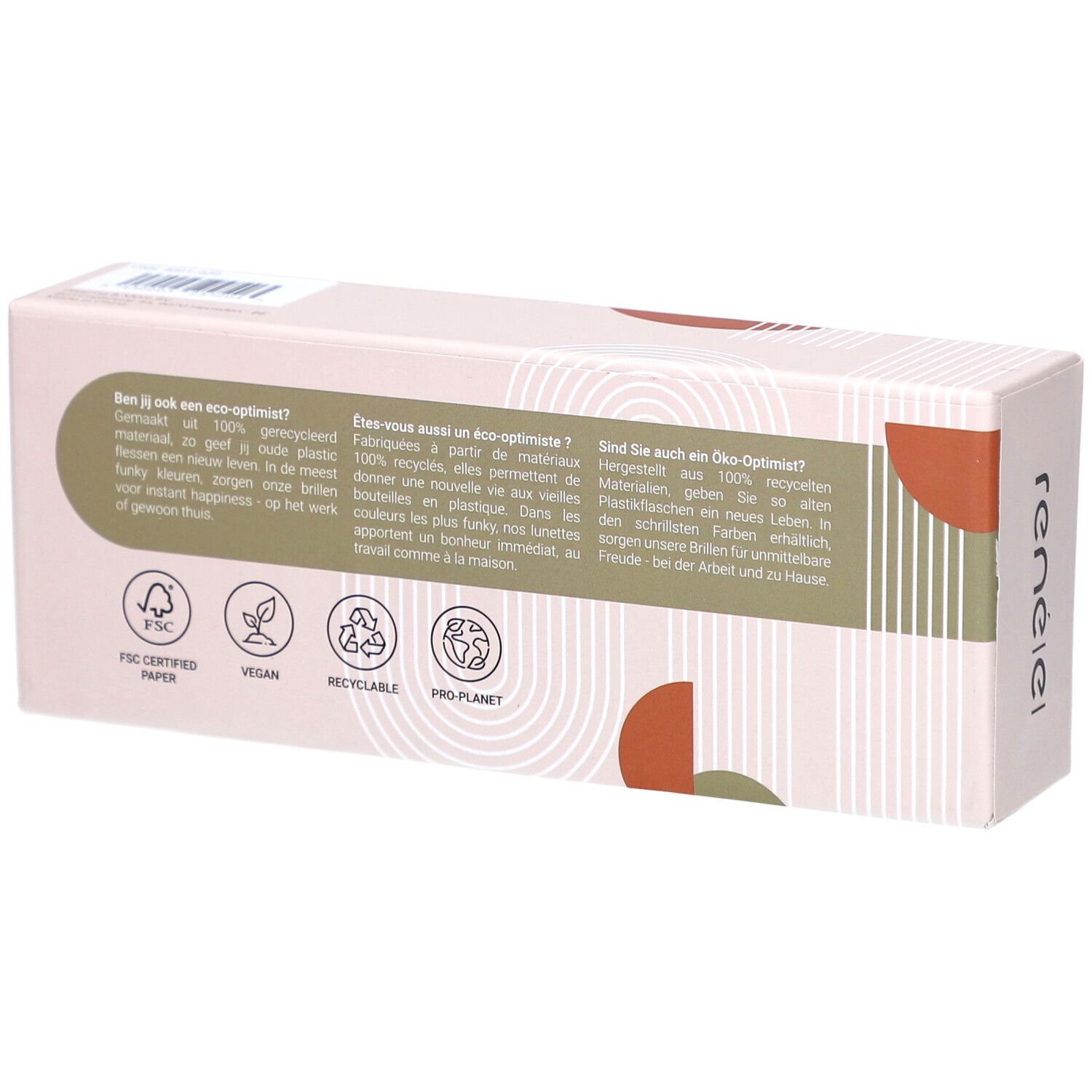 Dos de l'emballage de lunettes. Texte en allemand, français et néerlandais. Certifications FSC, vegan, recyclable, Pro-Planet.