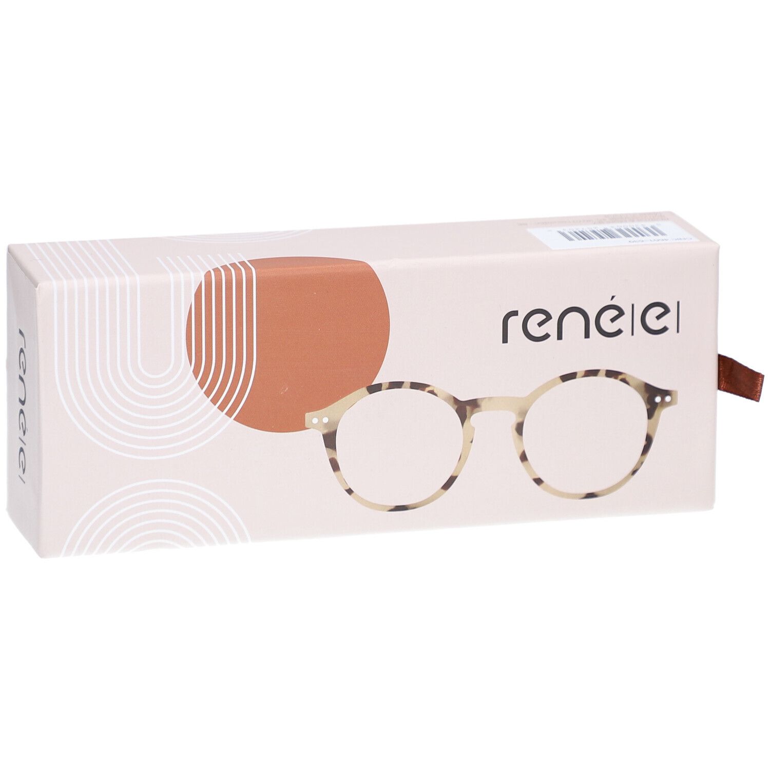 Étui renéel avec lunettes rondes, motif écaille. Lanière marron. Emballage beige et marron. Vue de face.