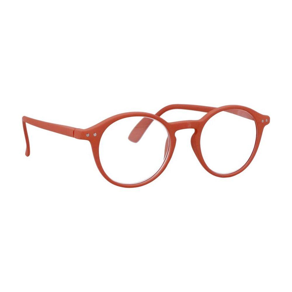 Lunettes de lecture rouges à verres ronds et monture fine.