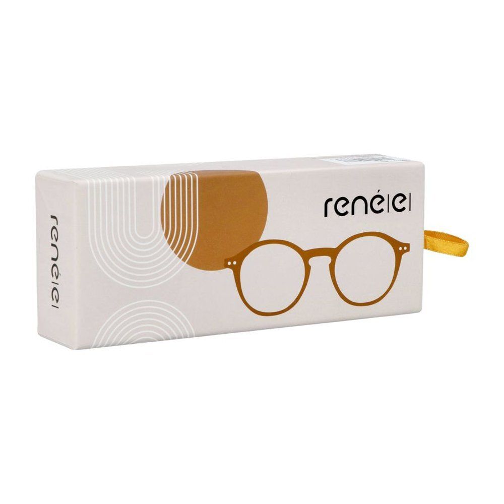 Boîte blanche avec le logo "rené|e|" et un dessin de lunettes. Un ruban jaune est attaché sur le côté.