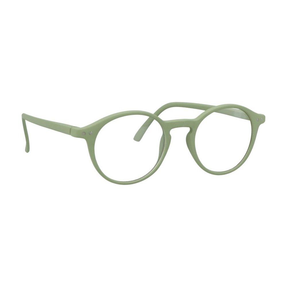 Groene bril met ronde glazen. Groen montuur, pootjes. Perspectief.