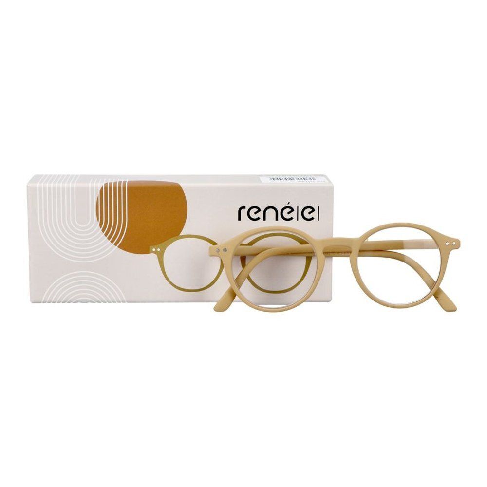 Lunettes rondes, monture beige clair, à côté de leur boîte. Le logo et un motif graphique sont visibles sur l'emballage.