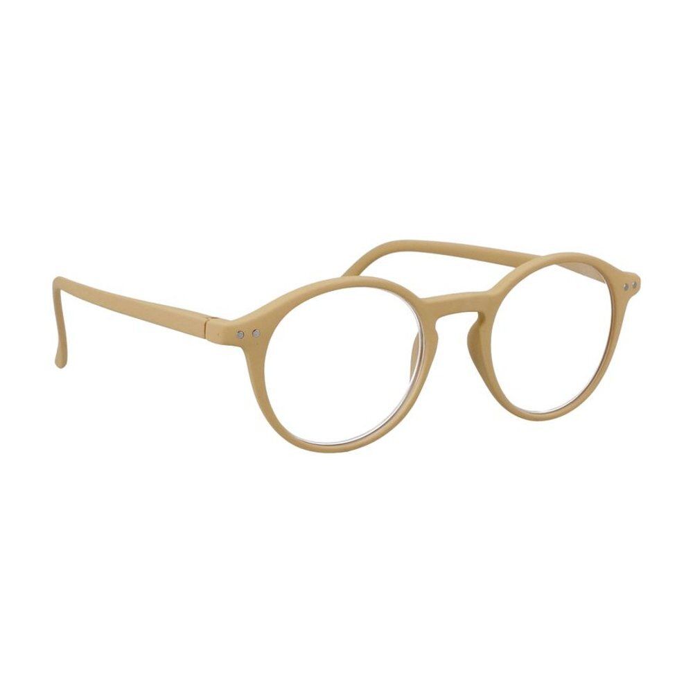 Lunettes beiges claires avec verres ronds. Les branches sont fines et légèrement incurvées. Les verres sont clairs.