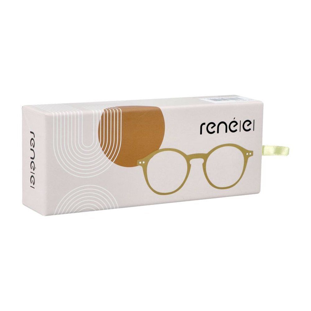 Emballage avec le nom de la marque et un design de lunettes. Ruban jaune sur le côté. Fond blanc.