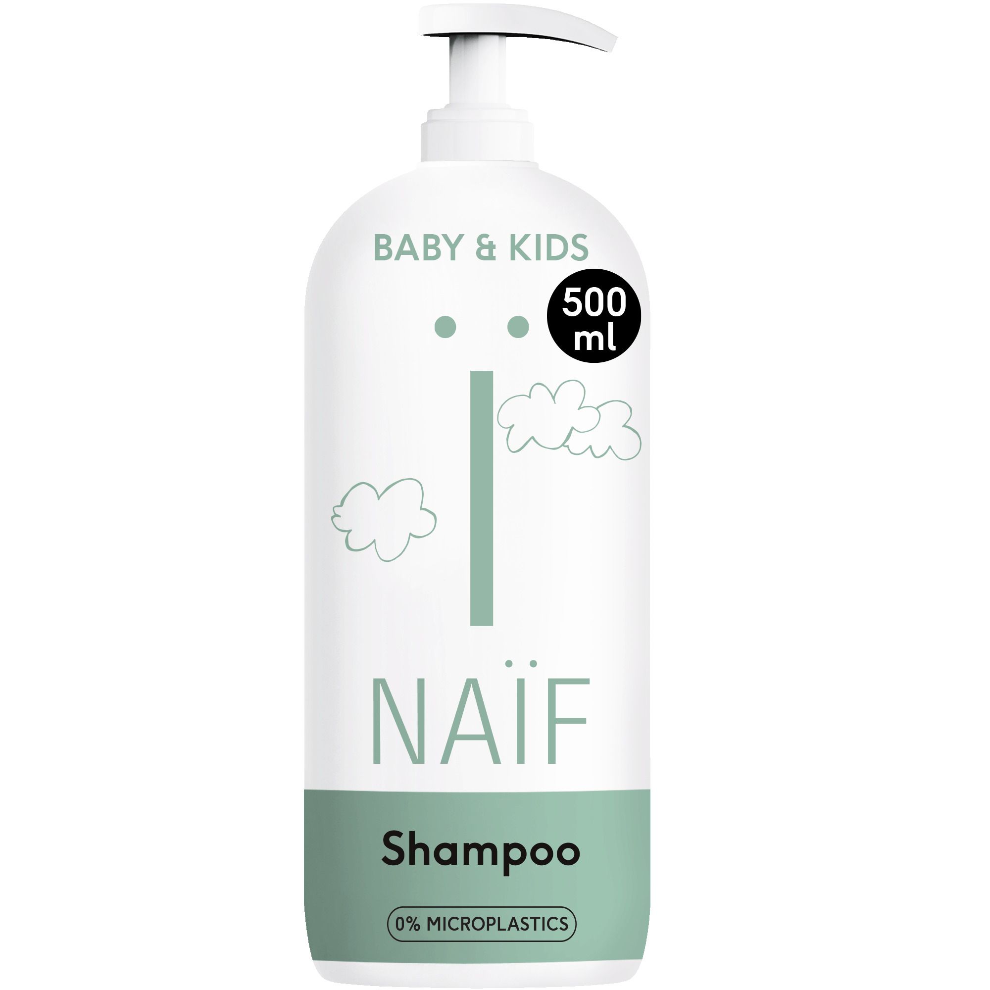 Mains lavant les cheveux d'un enfant avec de la mousse. Texte: Tout ce dont votre bébé a besoin, Rien de plus.