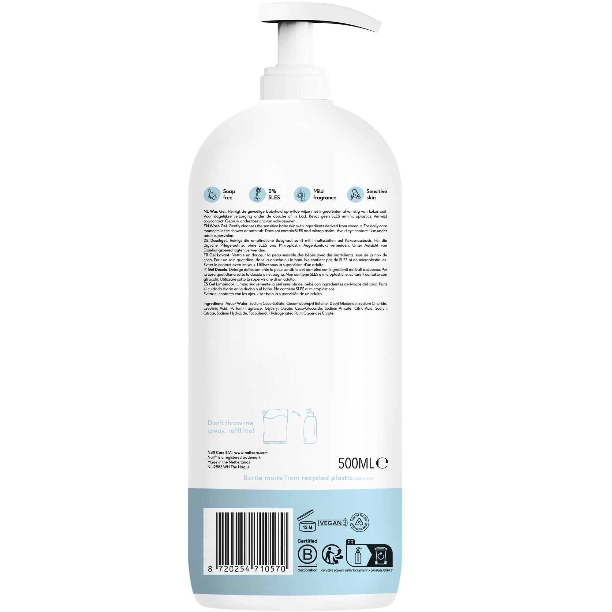 Gros plan d'une main d'enfant dans l'eau du bain. Texte : Clean sans superflu.