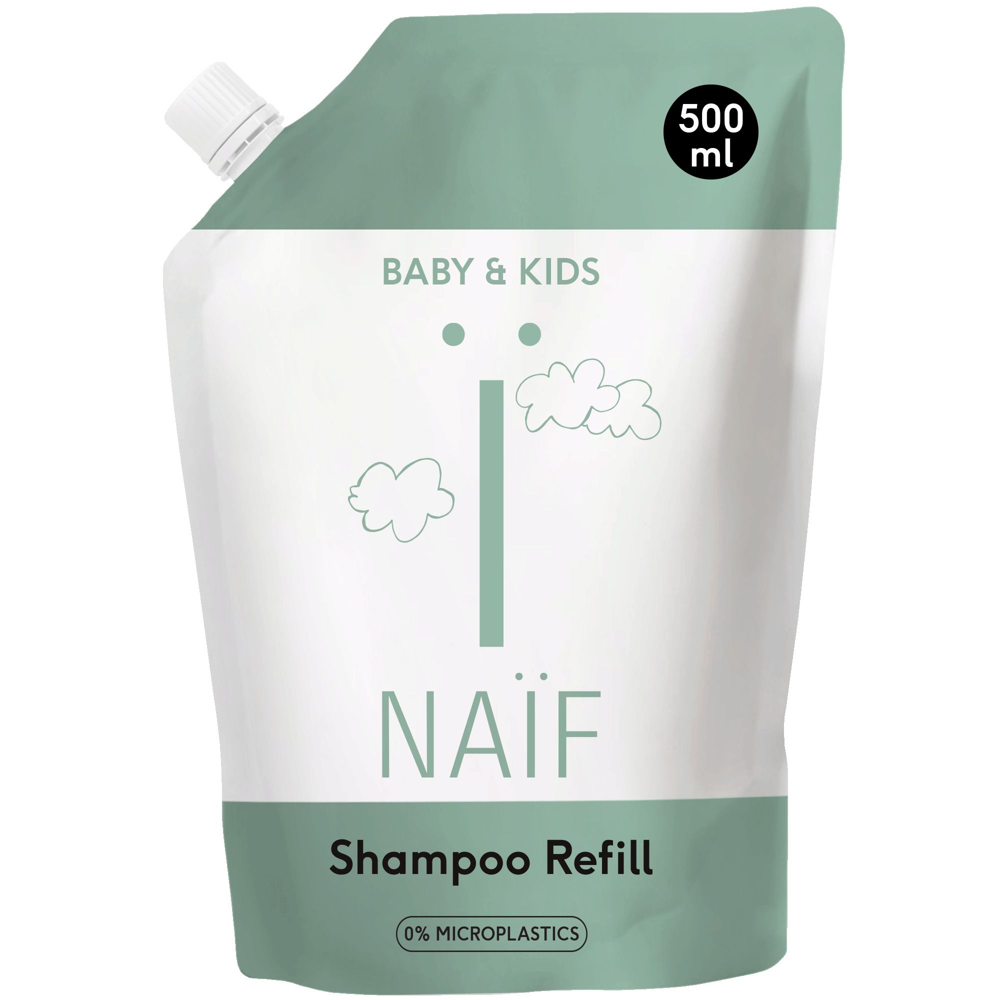 Shampoo refill. Lichtgroene verpakking met witte opdruk. Bevat 500ml. Met opdruk "0% microplastics".