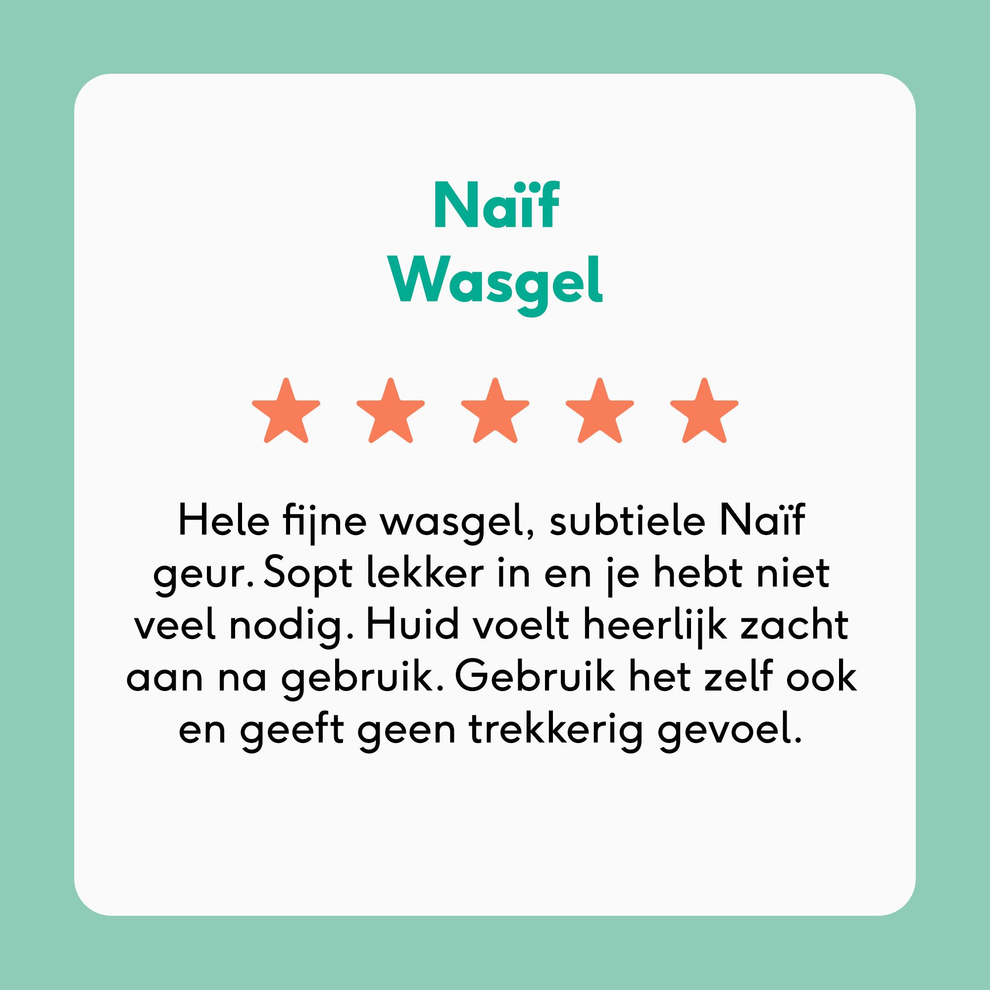 Productbeoordeling met 5 sterren. Tekst: Naïf Wasgel.