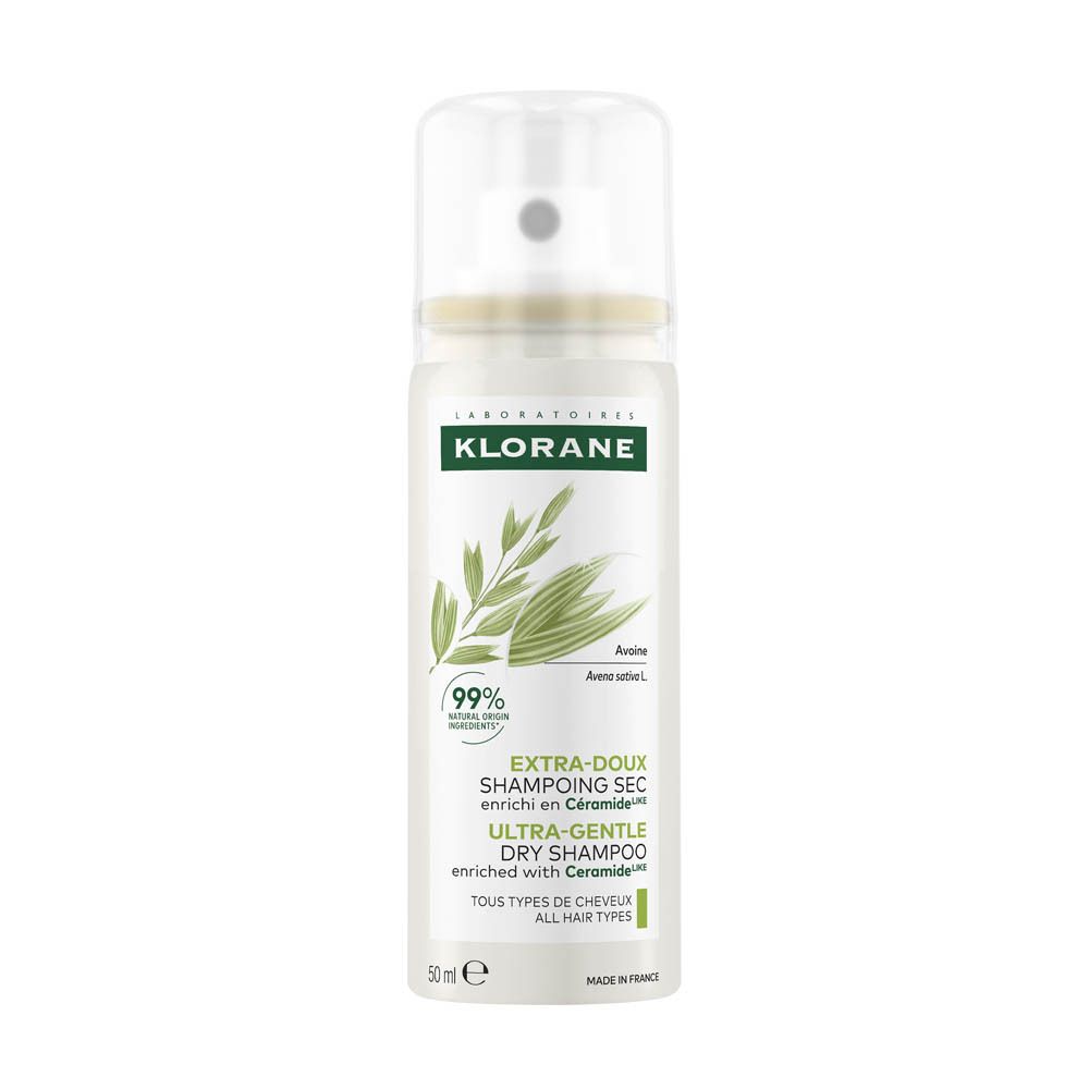 KLORANE droogshampoo met haver en ceramideᴸᴵᴷᴱ. Witte spuitfles met groen etiket. Transparante dop en sproeikop.