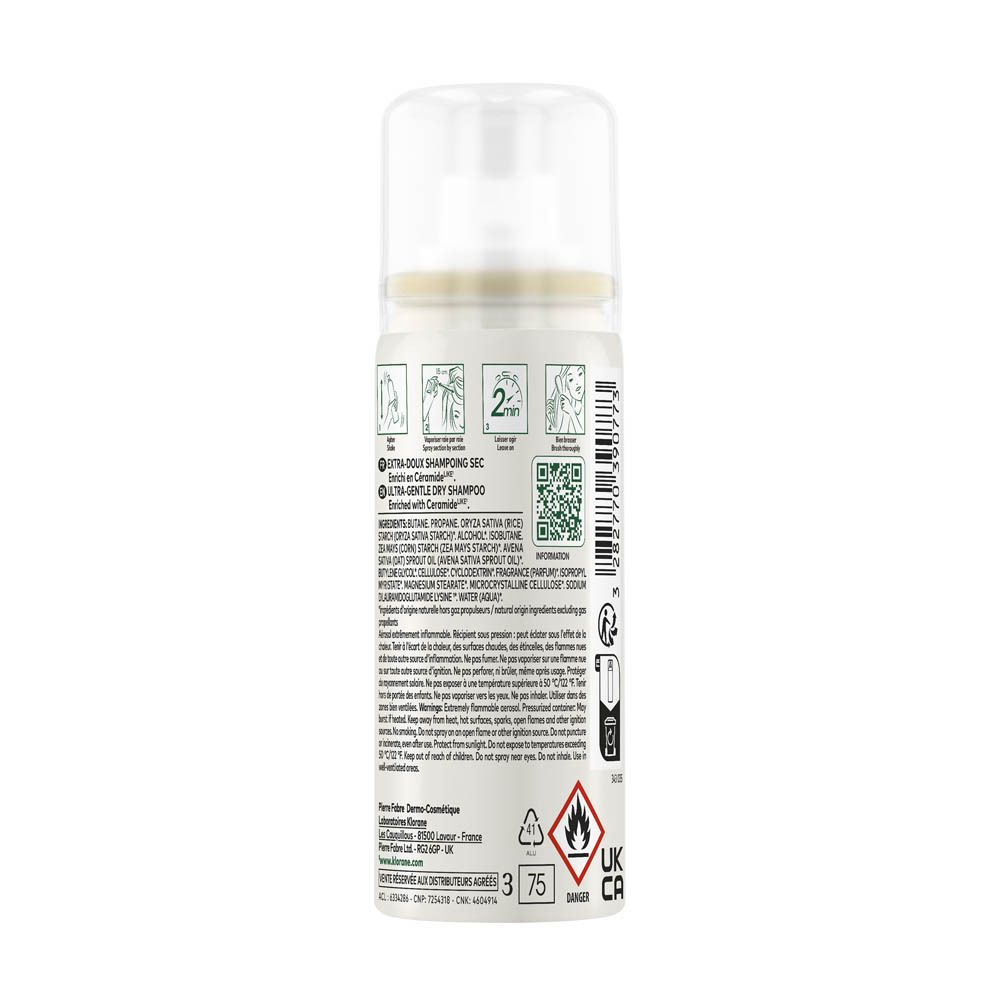 KLORANE shampooing sec à l'avoine et céramides. Flacon blanc avec étiquette verte. Bouchon et pulvérisateur transparents.