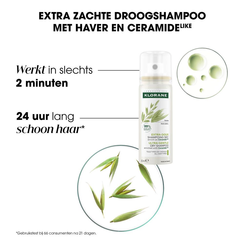 Achterkant van de KLORANE droogshampoo fles. Barcode, waarschuwingen, pictogrammen.