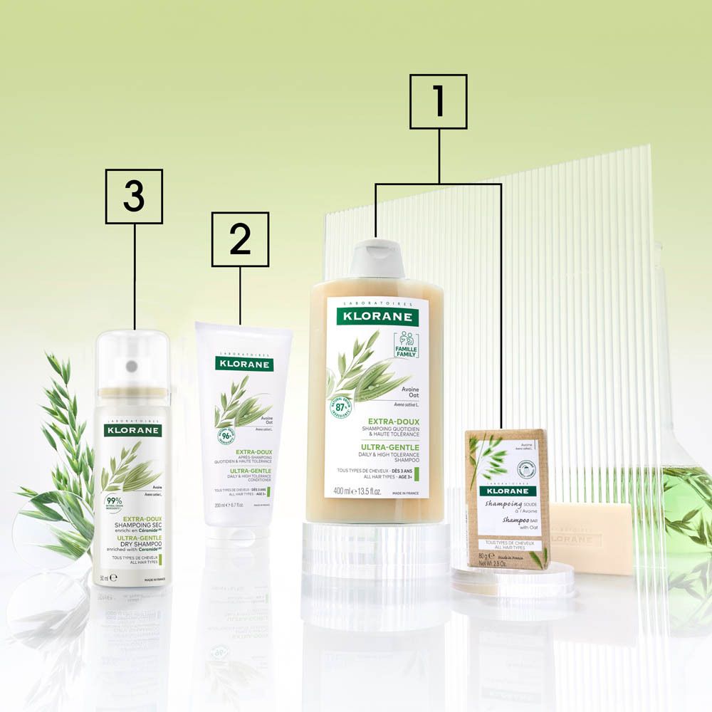 Dos du flacon de shampooing sec KLORANE. Code-barres, avertissements, pictogrammes.