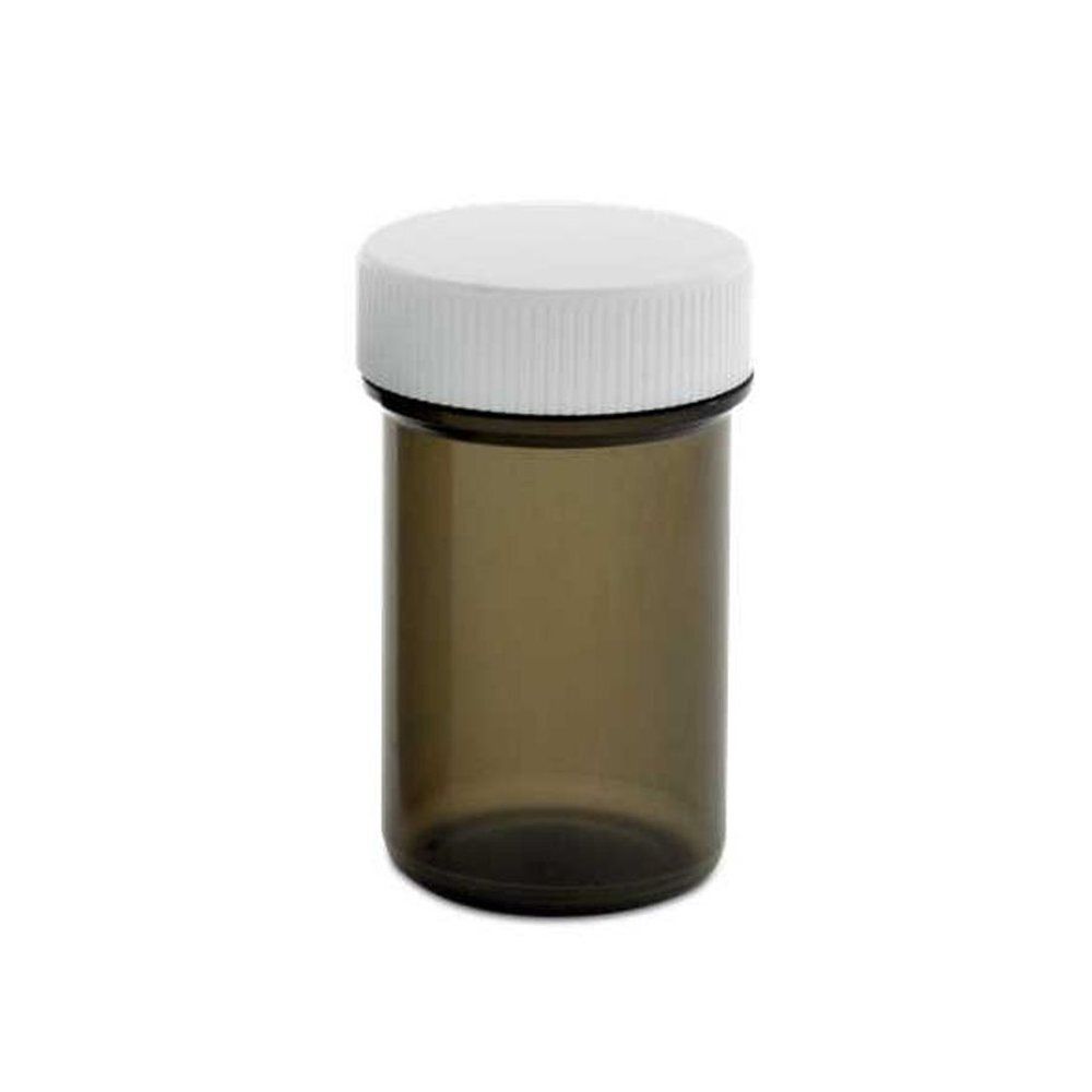 Flacon cylindrique fumé avec couvercle blanc. Le couvercle est strié. Destiné aux gélules.