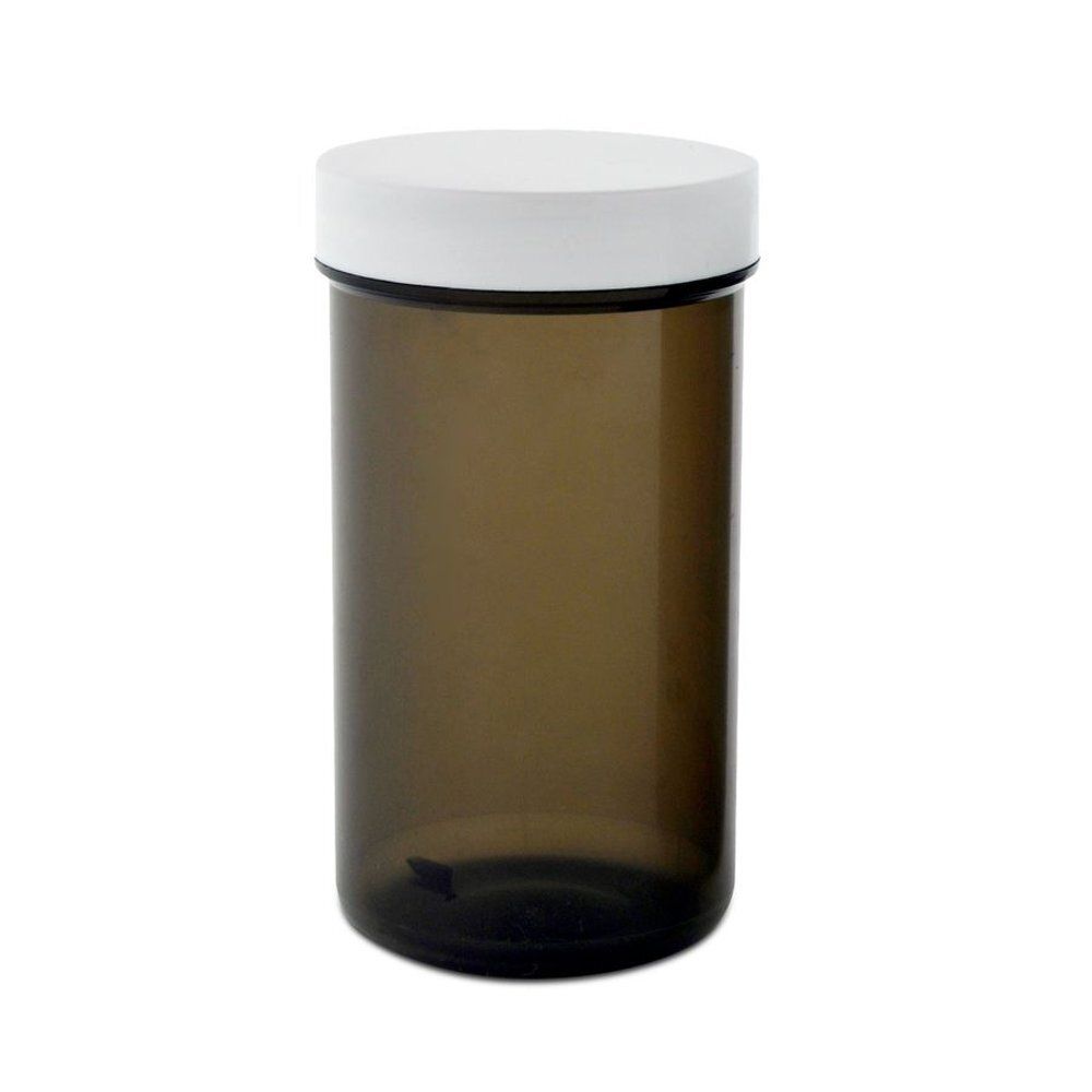 Bruine, cilindrische fles met witte deksel. Apothekersfles.