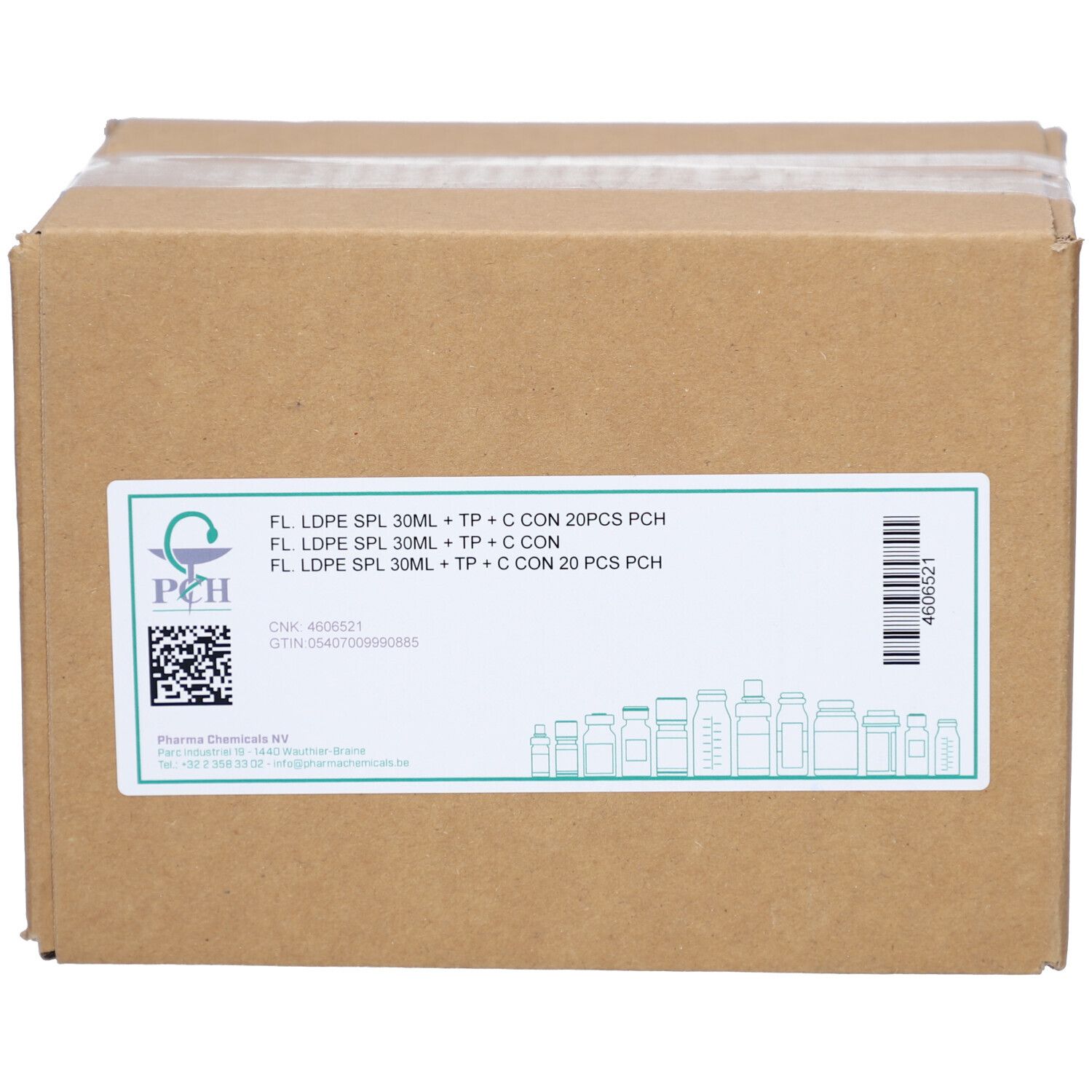 Boîte en carton avec étiquette produit. Étiquette avec nom du produit, code QR et code-barres. Logo Pharma Chemicals.