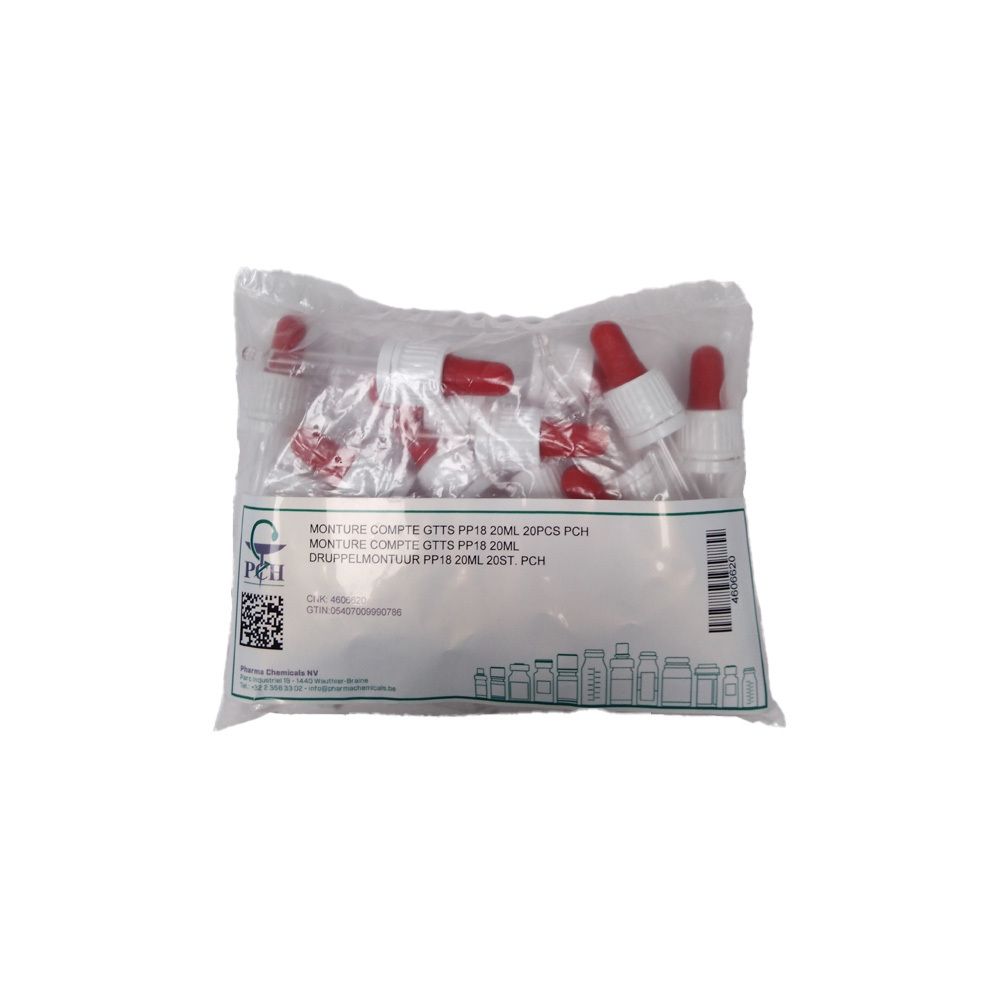 Verpakking met druppeltellers. Rode en witte druppelaars in een transparante plastic zak. Tekst op de verpakking.