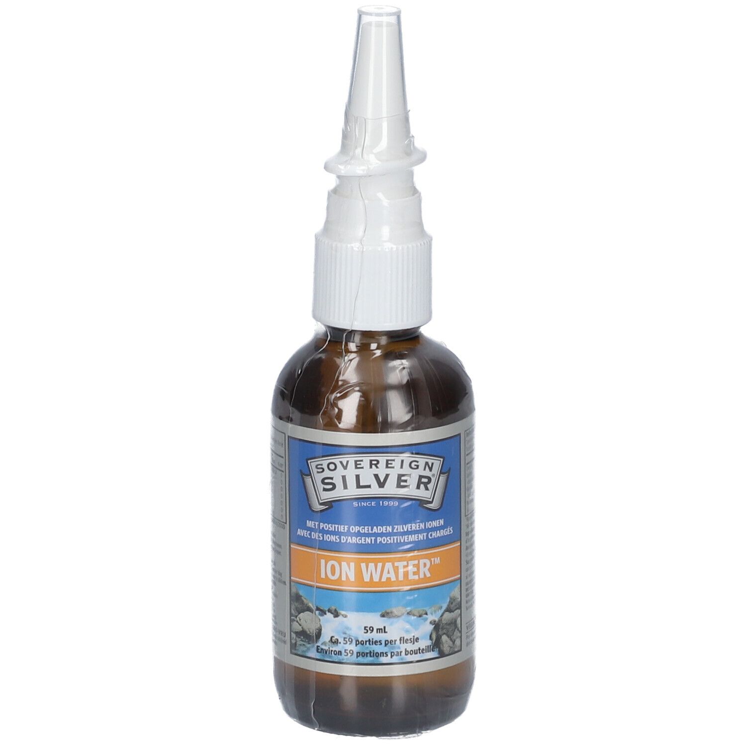 Bruine glazen fles met spraykop. Op het etiket staat "SOVEREIGN SILVER ION WATER".