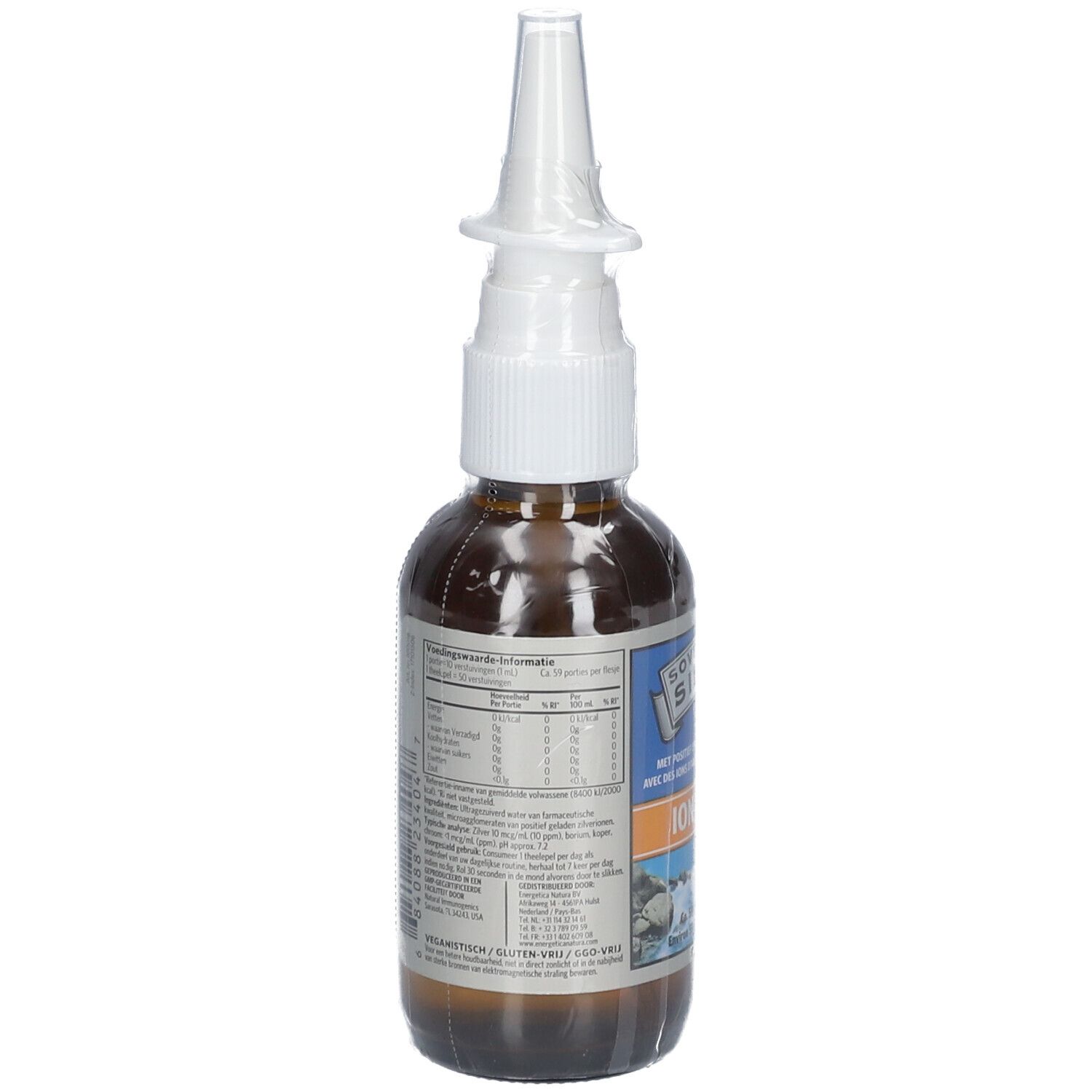 Achteraanzicht van de bruine glazen fles met etiket. Bevat informatie over ingrediënten en voedingswaarde.