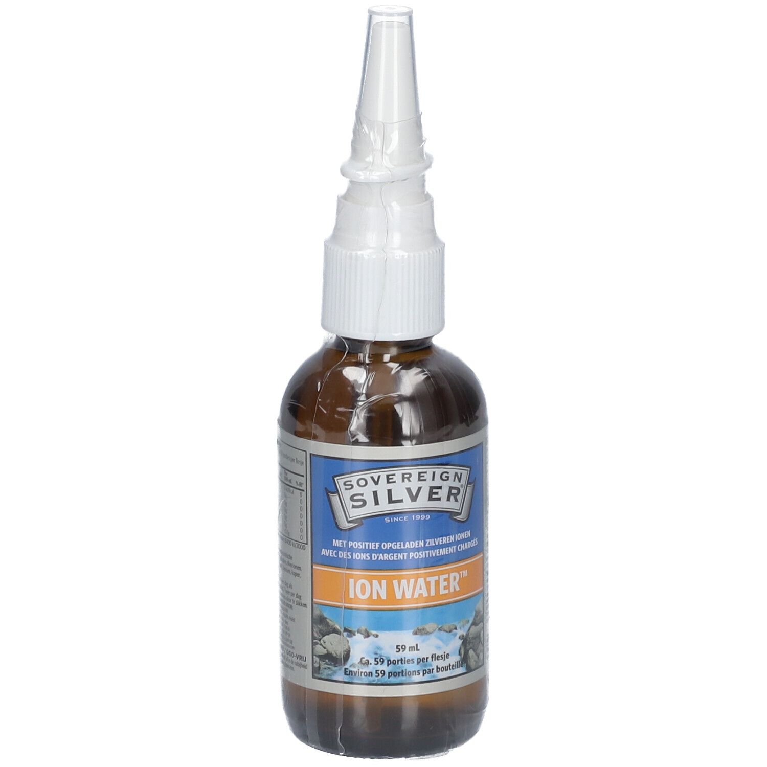 Bruine glazen fles met spraykop. Op het etiket staat "SOVEREIGN SILVER ION WATER".