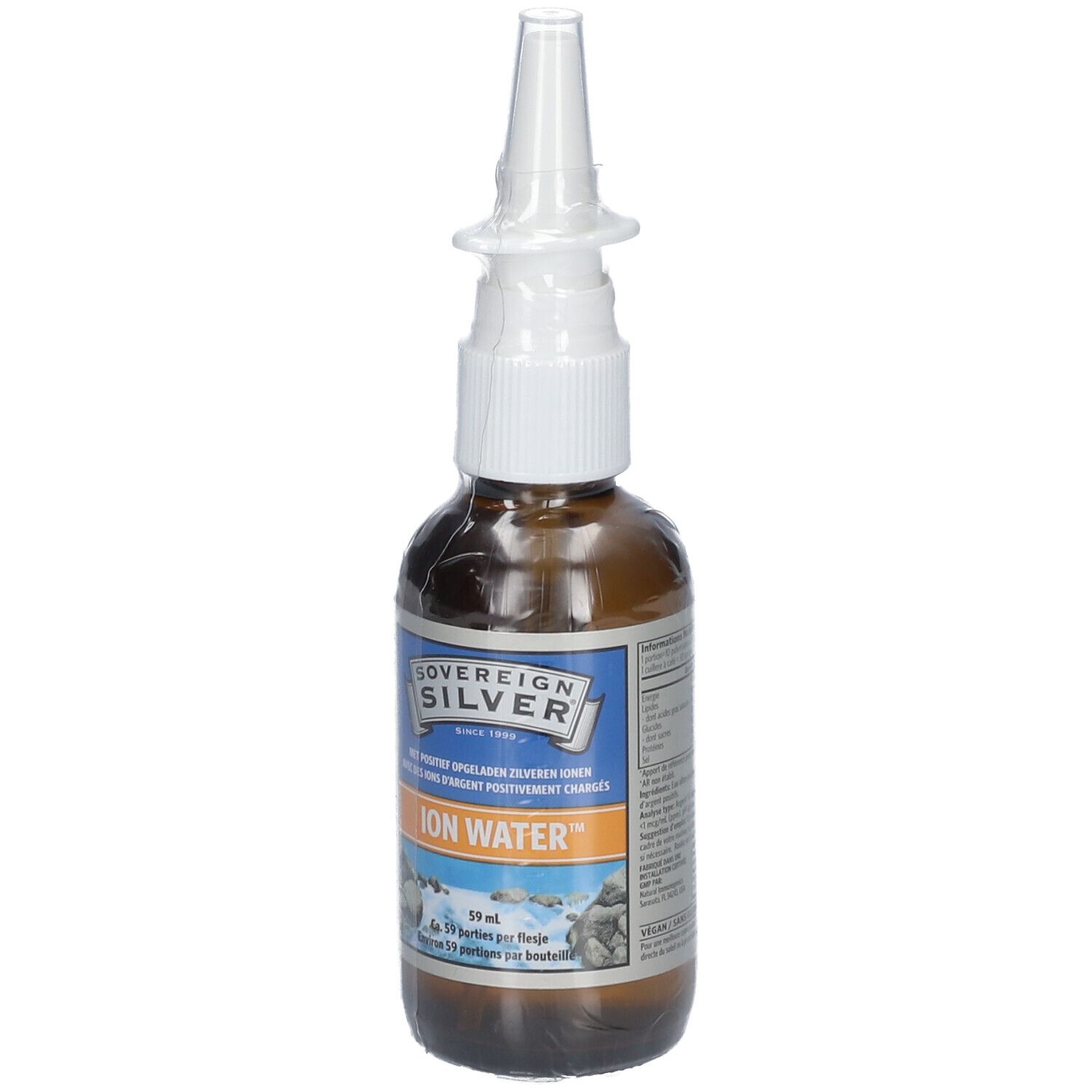 Bruine glazen fles met spraykop. Op het etiket staat "SOVEREIGN SILVER ION WATER".