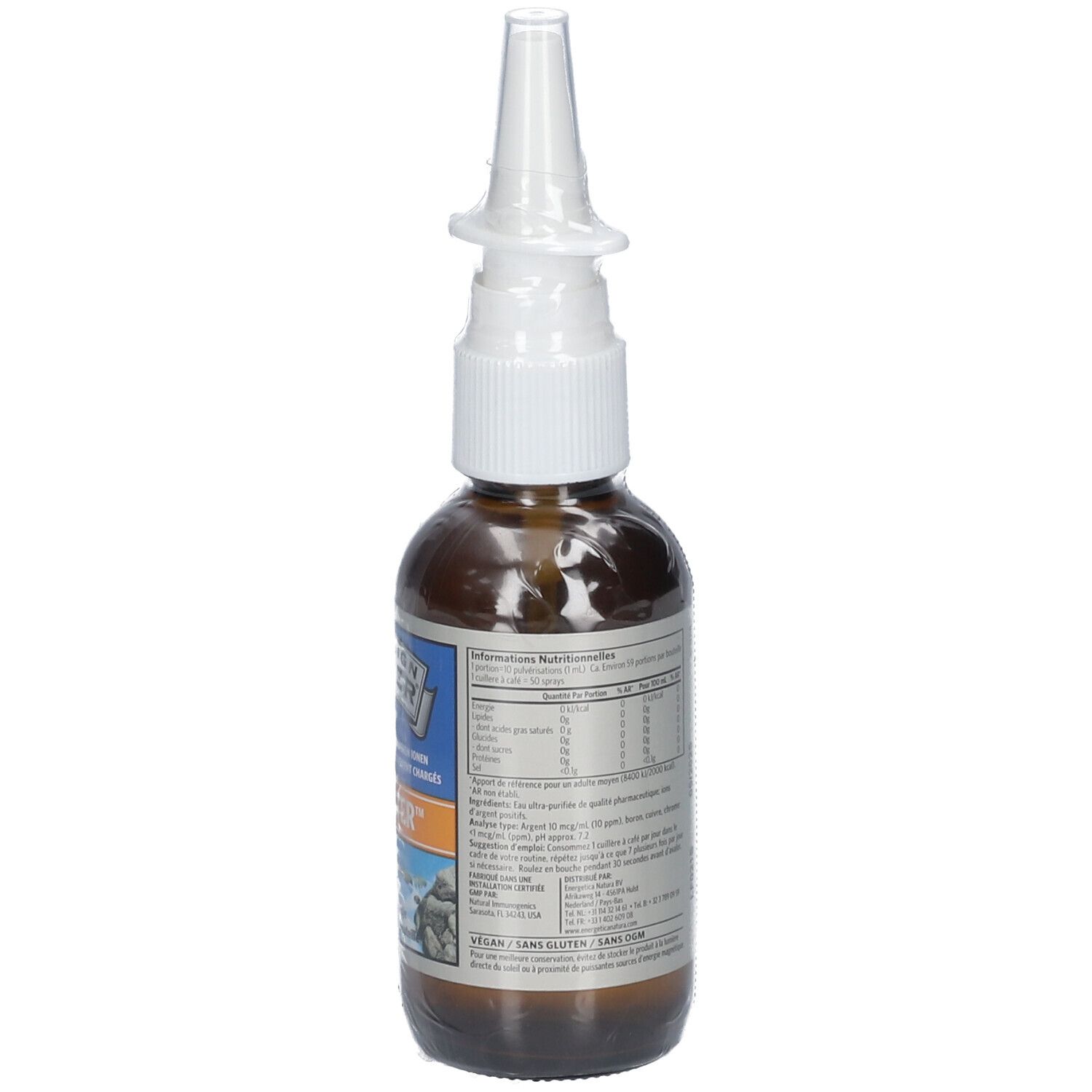 Achteraanzicht van de fles. Etiket met informatie, barcode en vervaldatum.