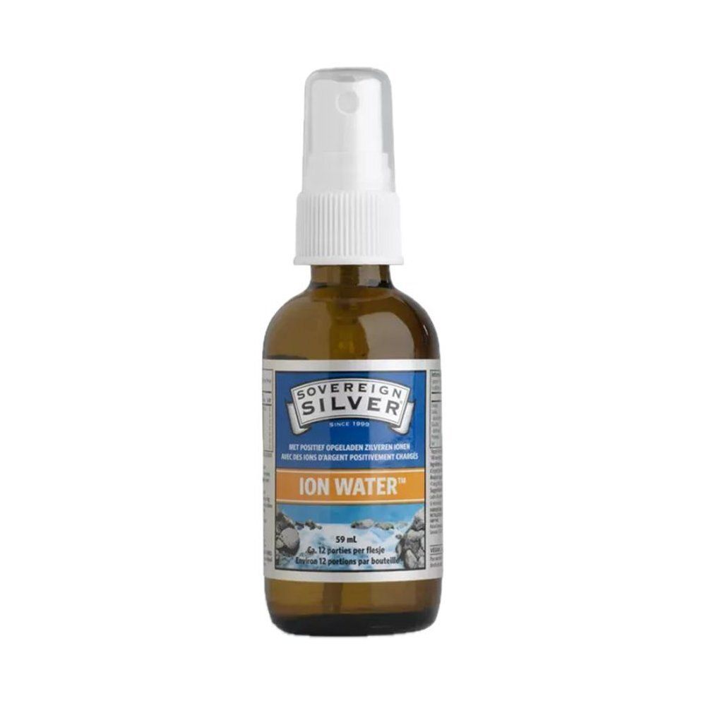 Bruine glazen fles met verstuiver. Etiket met productinformatie. Sovereign Silver Ion Water.
