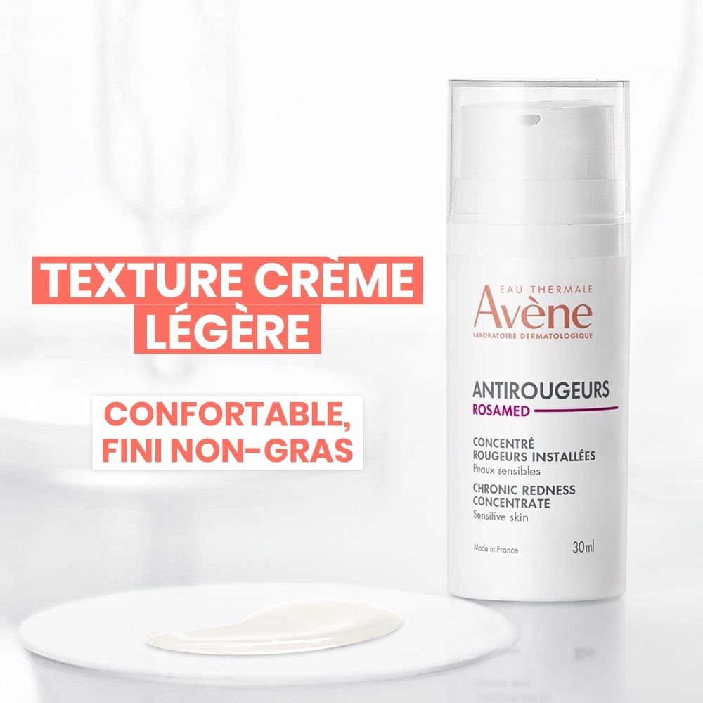 Flacon blanc AVENE Antirougeurs Rosamed. Inscriptions et logo. Bouchon transparent. 30 ml.