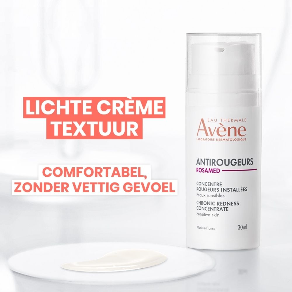 AVENE Antirougeurs Rosamed concentraat. Witte fles met doseerkop. Productinformatie en merk zichtbaar.