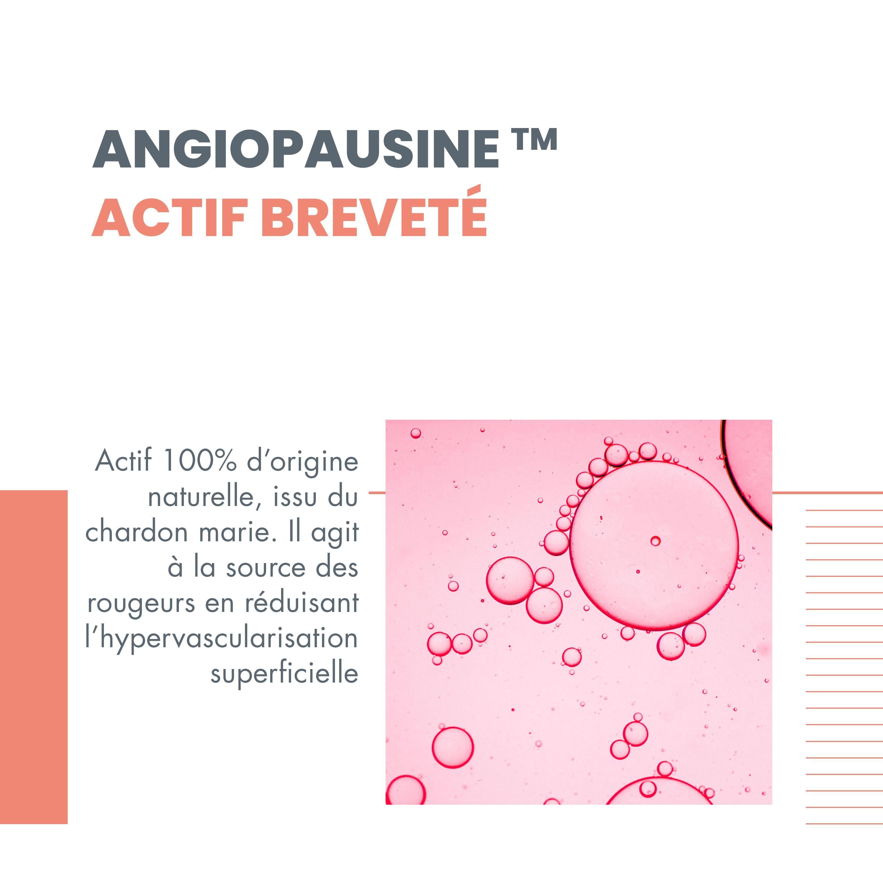 Flacon blanc avec pompe. Inscription: Avène, Antirougeurs Rosamed SPF 50+, Concentré hydratant.