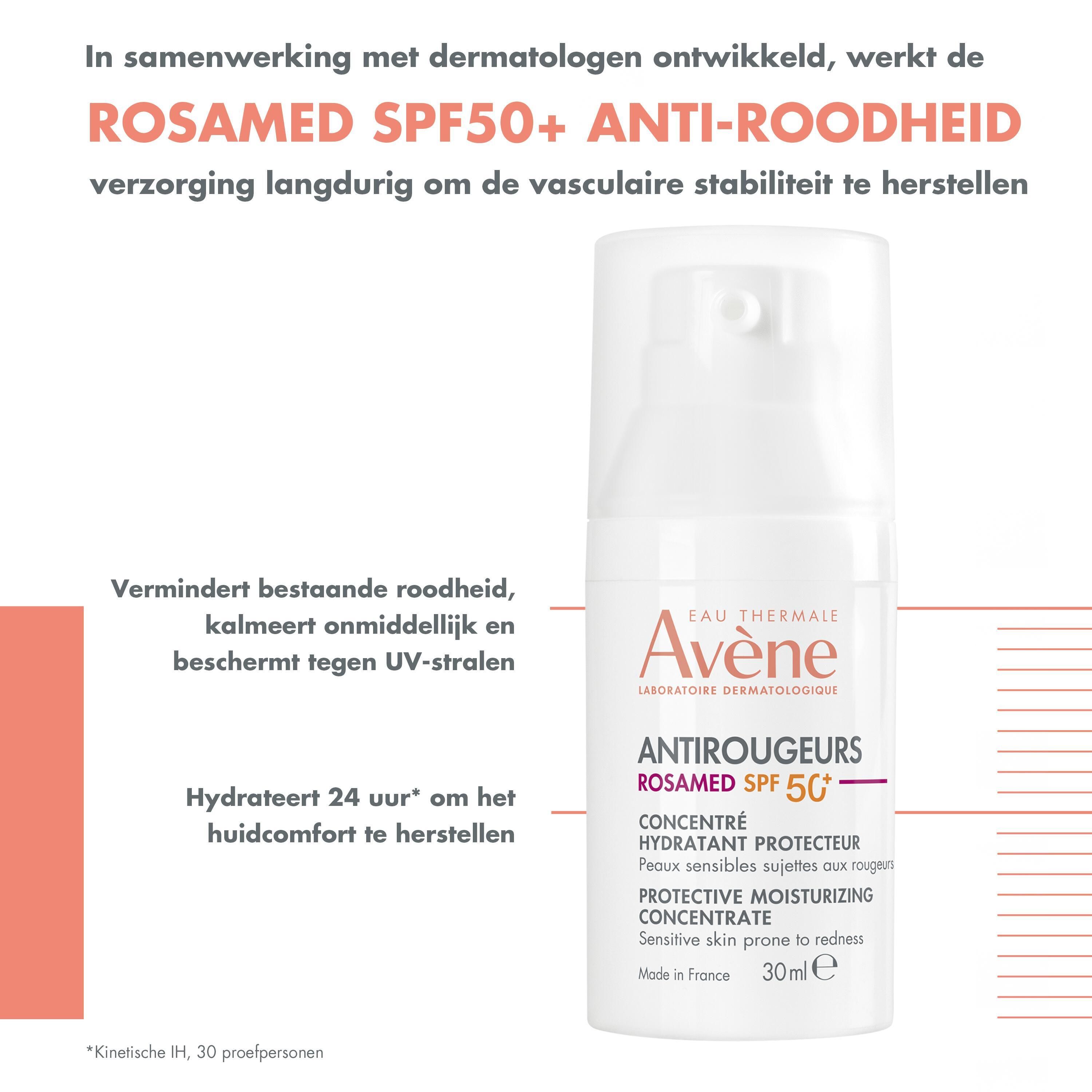 Witte fles met pomp. Opschrift: Avène, Antirougeurs Rosamed SPF 50+, Hydraterend concentraat.