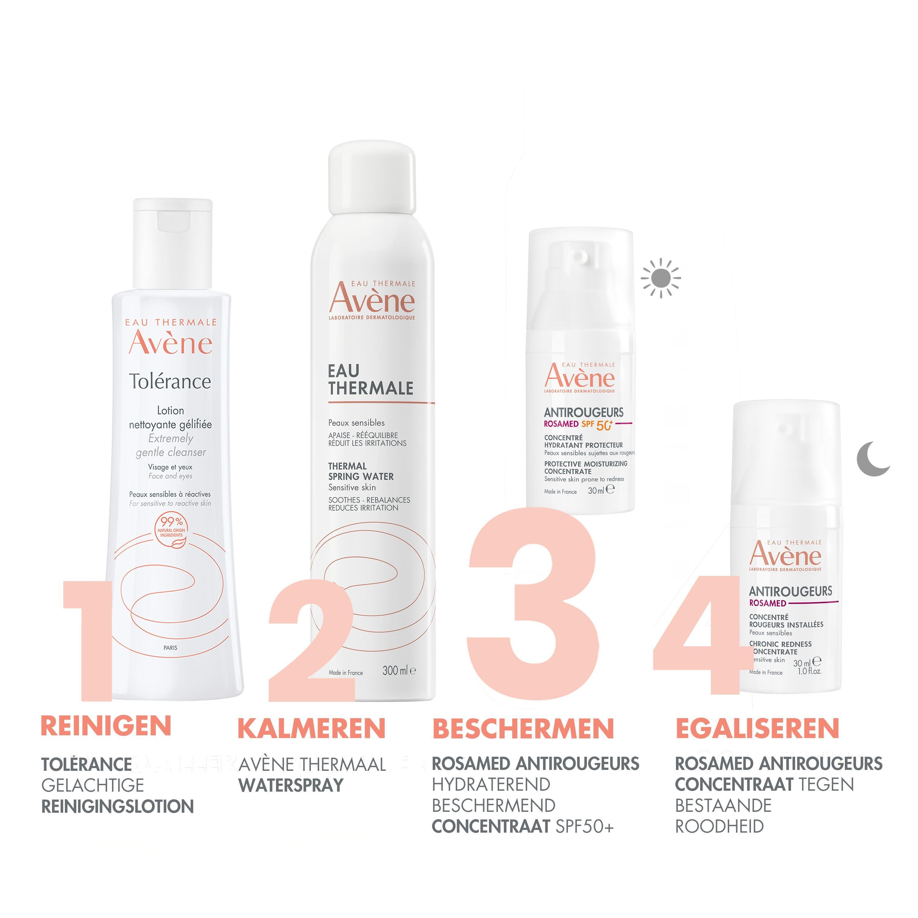 Verpakking. Opschrift: Avène, Antirougeurs Rosamed SPF 50+, Hydraterend concentraat.