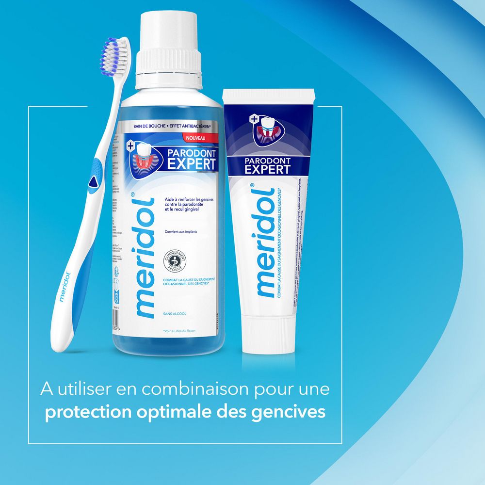 Brosse à dents, bain de bouche et dentifrice. Inscription : meridol. Pour une protection optimale des gencives.