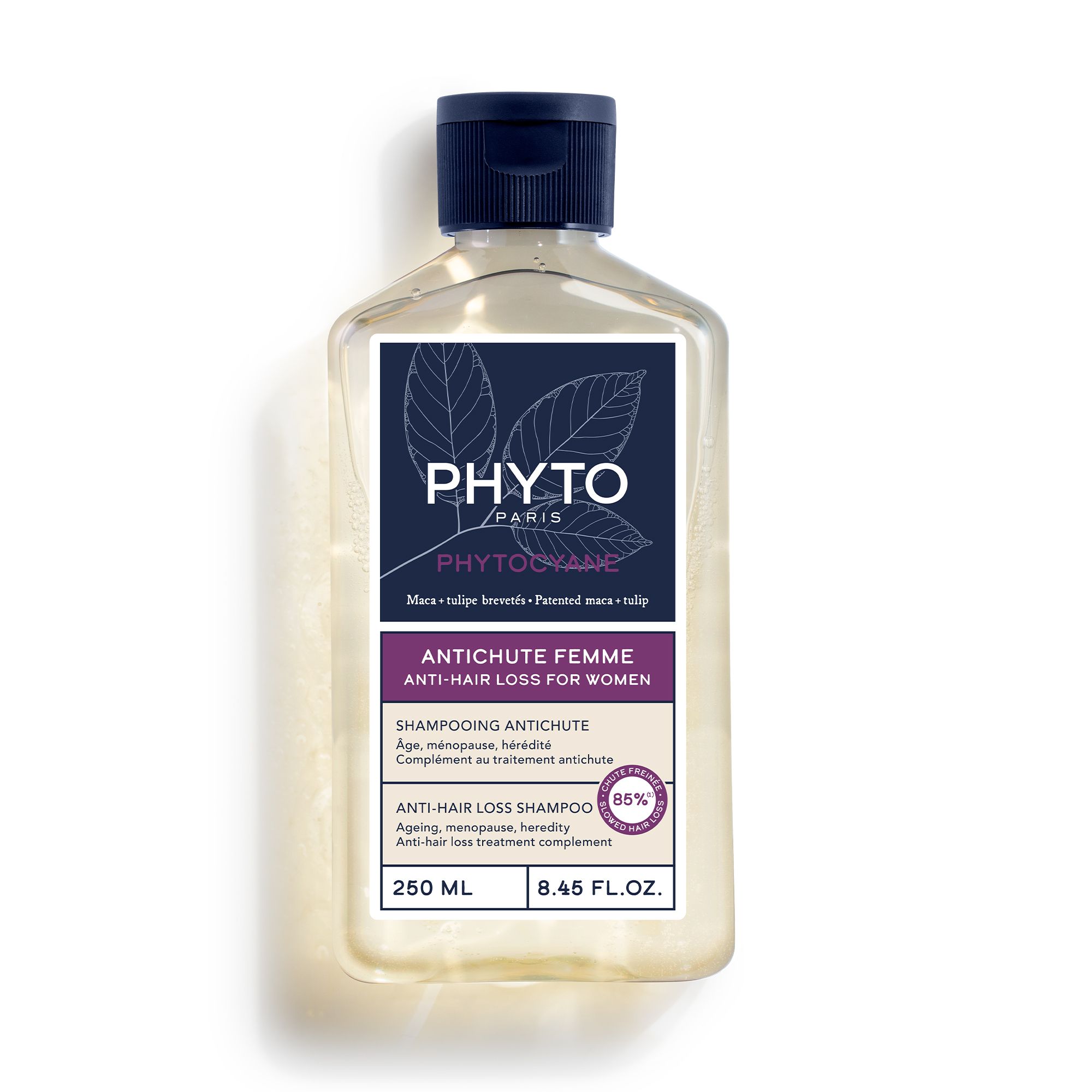 PHYTO PHYTOCYANE WOMEN shampoo fles. Blauwe dop. Etiket met productinformatie. 250 ml.