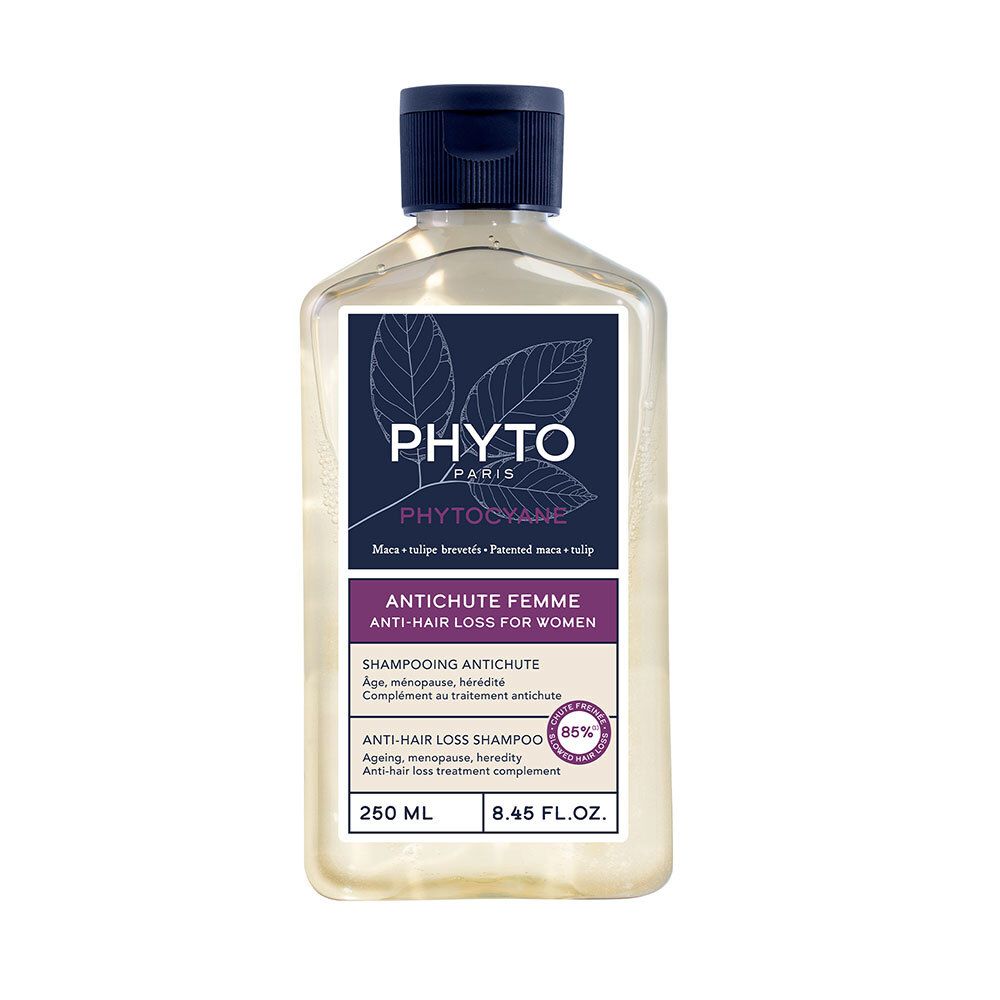 Flacon de shampooing avec bouchon bleu. Inscription: PHYTO PARIS, ANTICHUTE FEMME, shampooing antichute pour femmes.