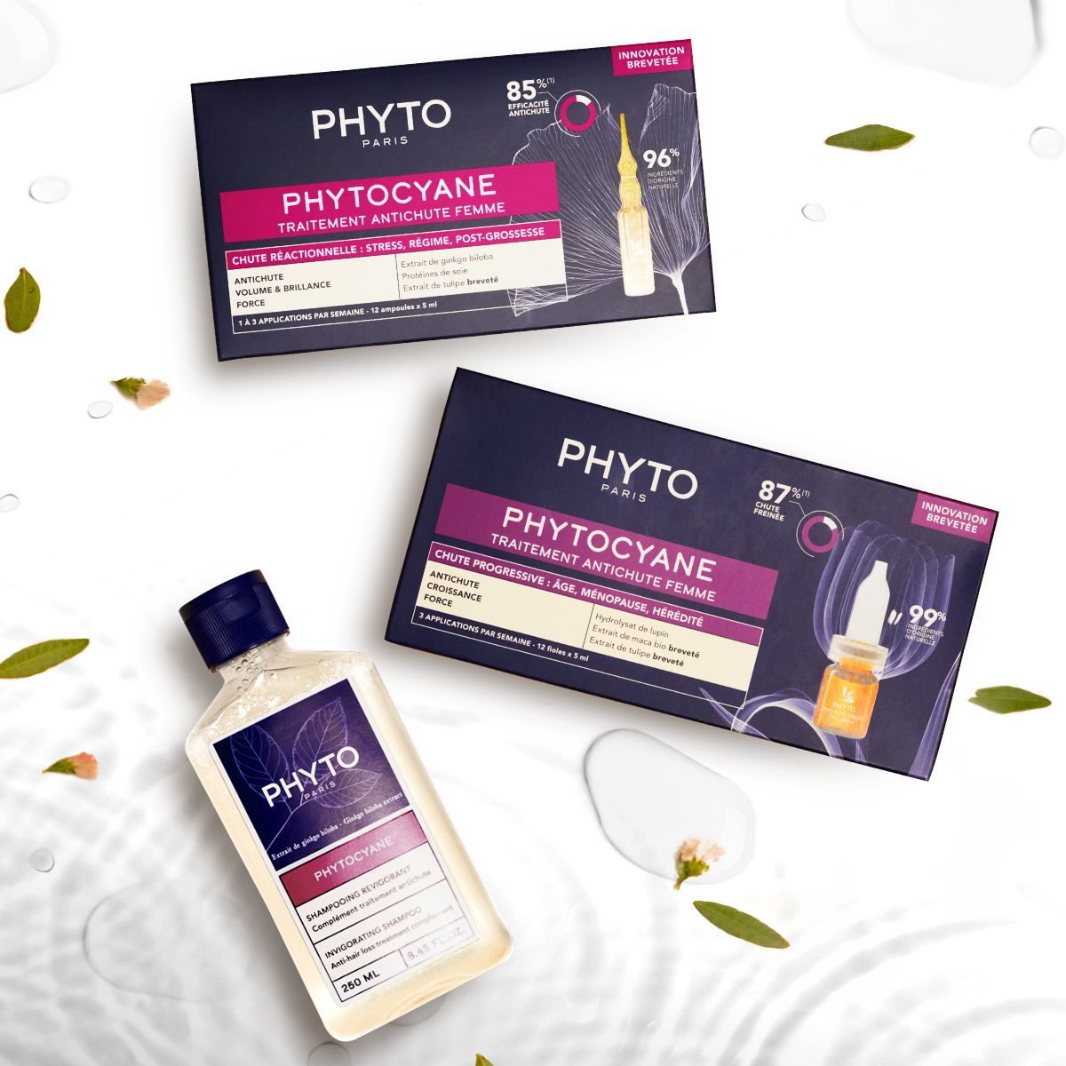 PHYTO PHYTOCYANE WOMEN shampoo. Fles en verpakkingen. Productinformatie. Ampullen en vloeistof.